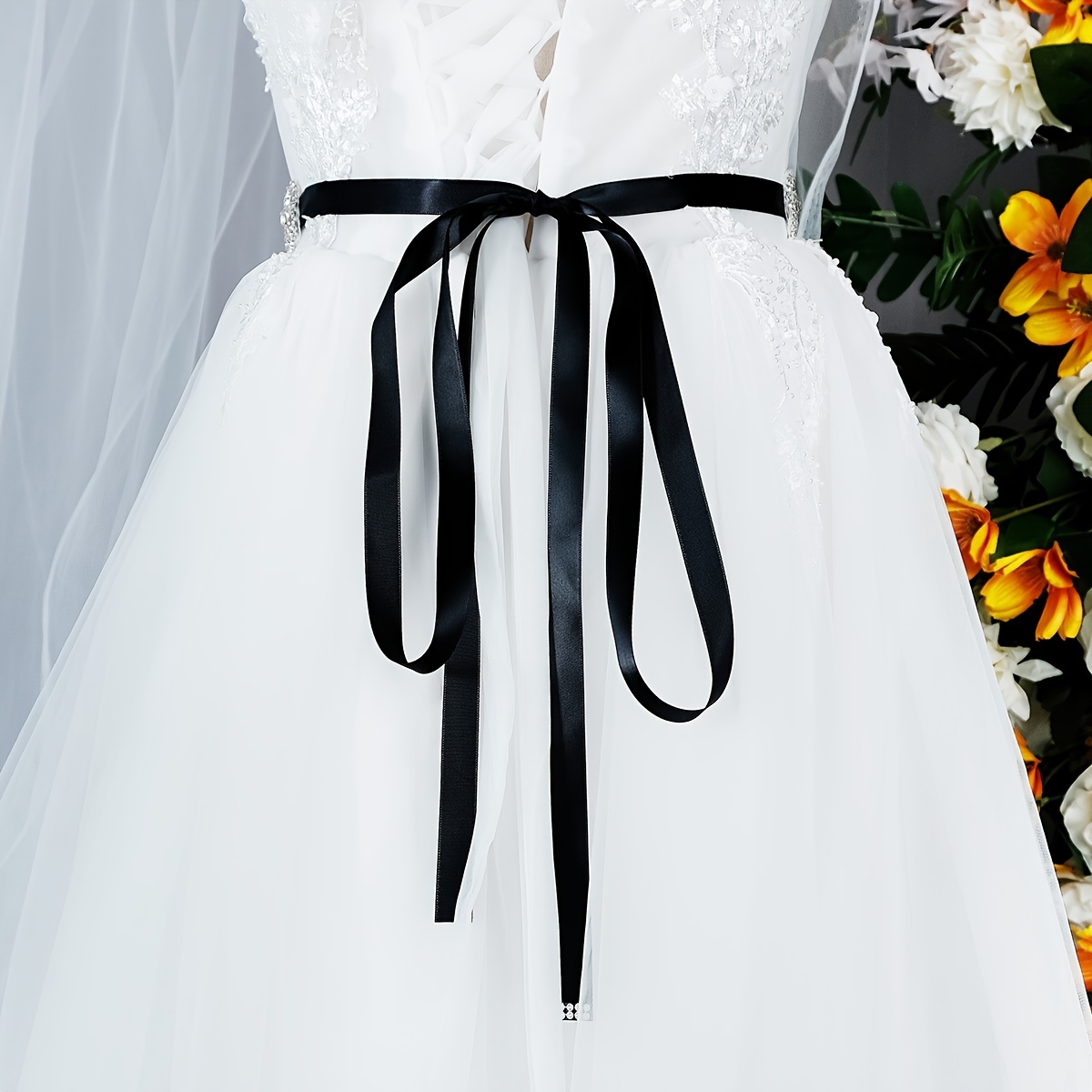 Wedding Dress Rhinestone Ribbon Belt Black