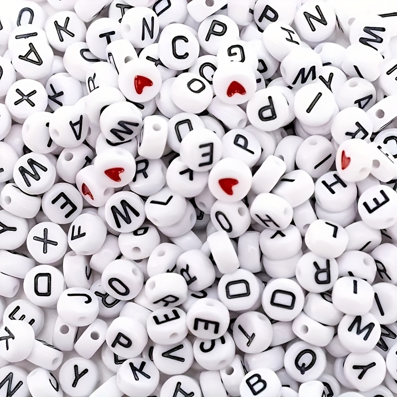 Alphabet Beads White with Black Letters and Red Hearts Mix, 7mm
