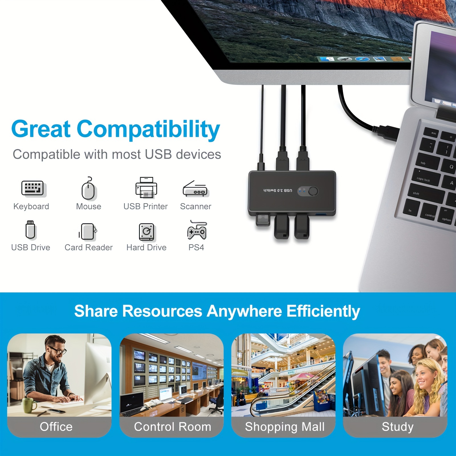 UGREEN USB 3.0 Switch 2 Computers Sharing USB C & A Devices, 4 Port USB  Switcher Sharing Keyboard and Mouse, Printer/Scanner USB Switch Hub for Two