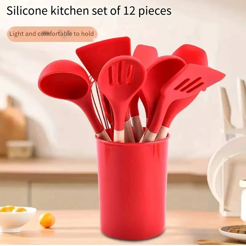 12pcs/set, Silicone Utensil Set, Red Kitchen Utensil Set, Safety Cooking  Utensils Set, Non-Stick Cooking Utensils Set With Wooden Handle, Washable  Mod