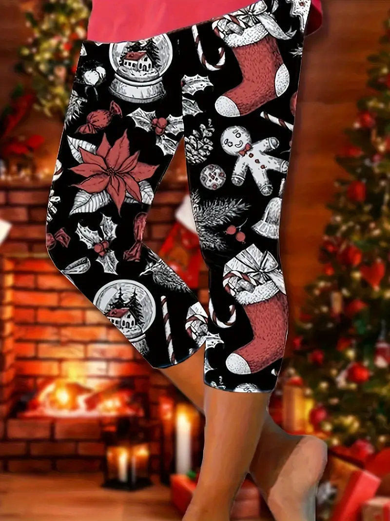 Christmas Cartoon Printed Cropped Pants High Stretch Running - Temu Germany