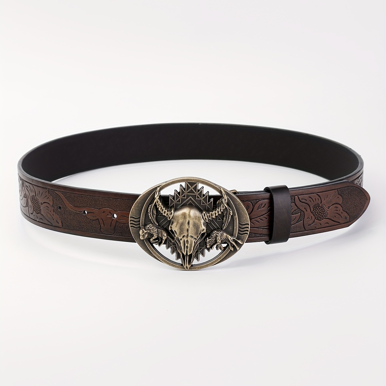 Retro Western Cowboy Belt for Men with Bull Pattern Buckle