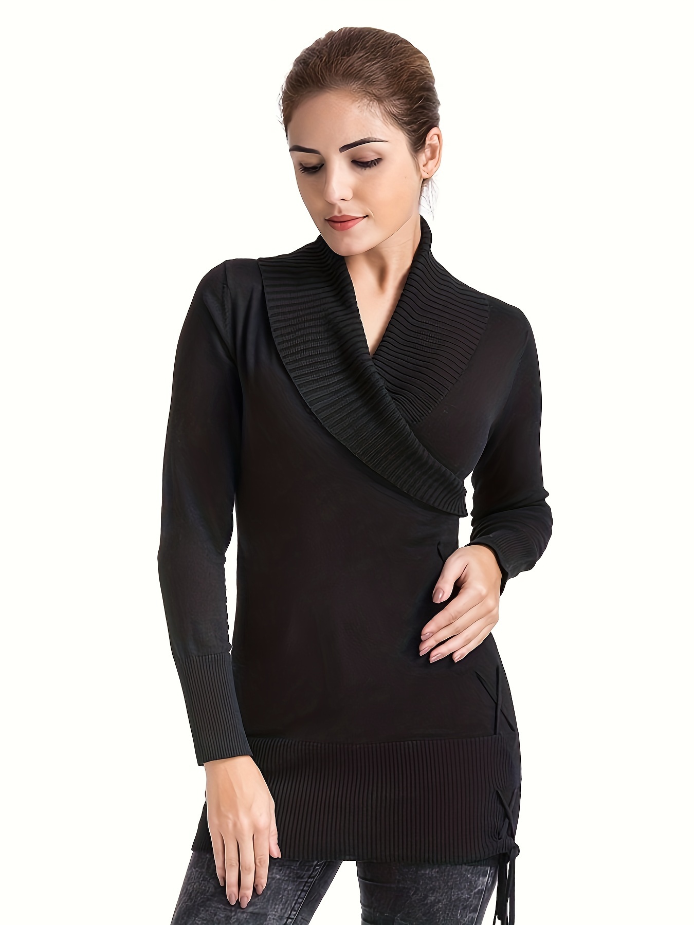 1pc womens long sleeve knit sweater 1pc womens casual viscose knit sweater long sleeve crew neck solid color pullover with cross strap detail stretchy knitted top for spring autumn winter us1818