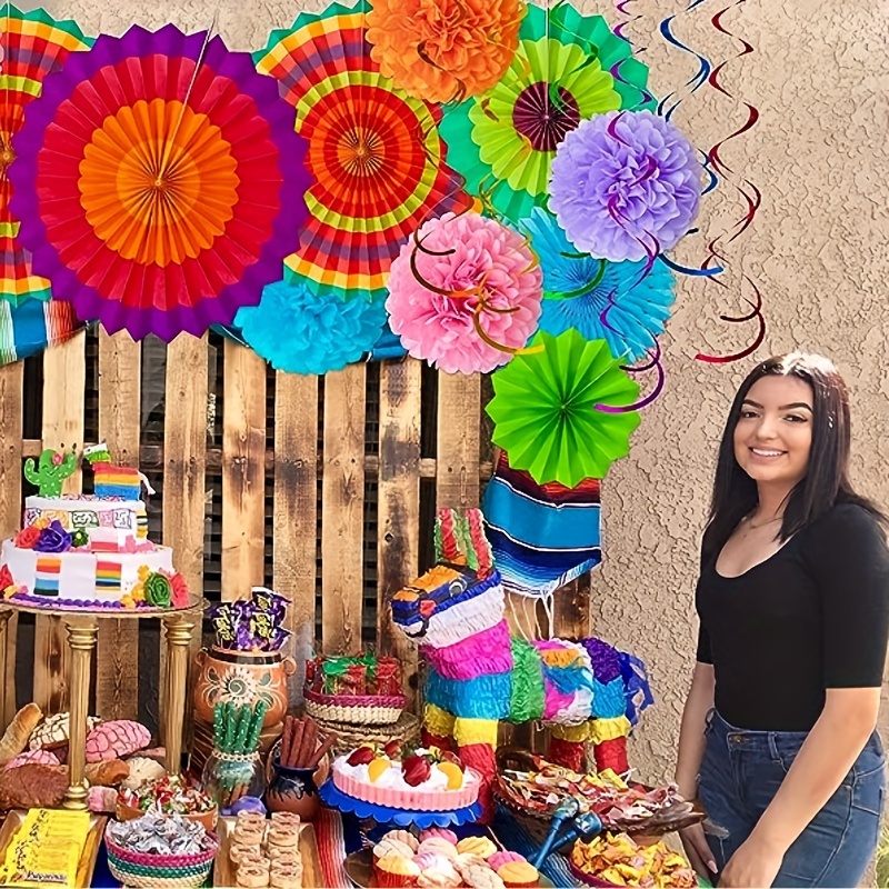 33pcs, Colorful Party Decorations, Mexican Themed Hanging Paper Fans,  Carnival Flags, And Tissue Streamers, Suitable For Birthday, Holiday, And  Rainbo