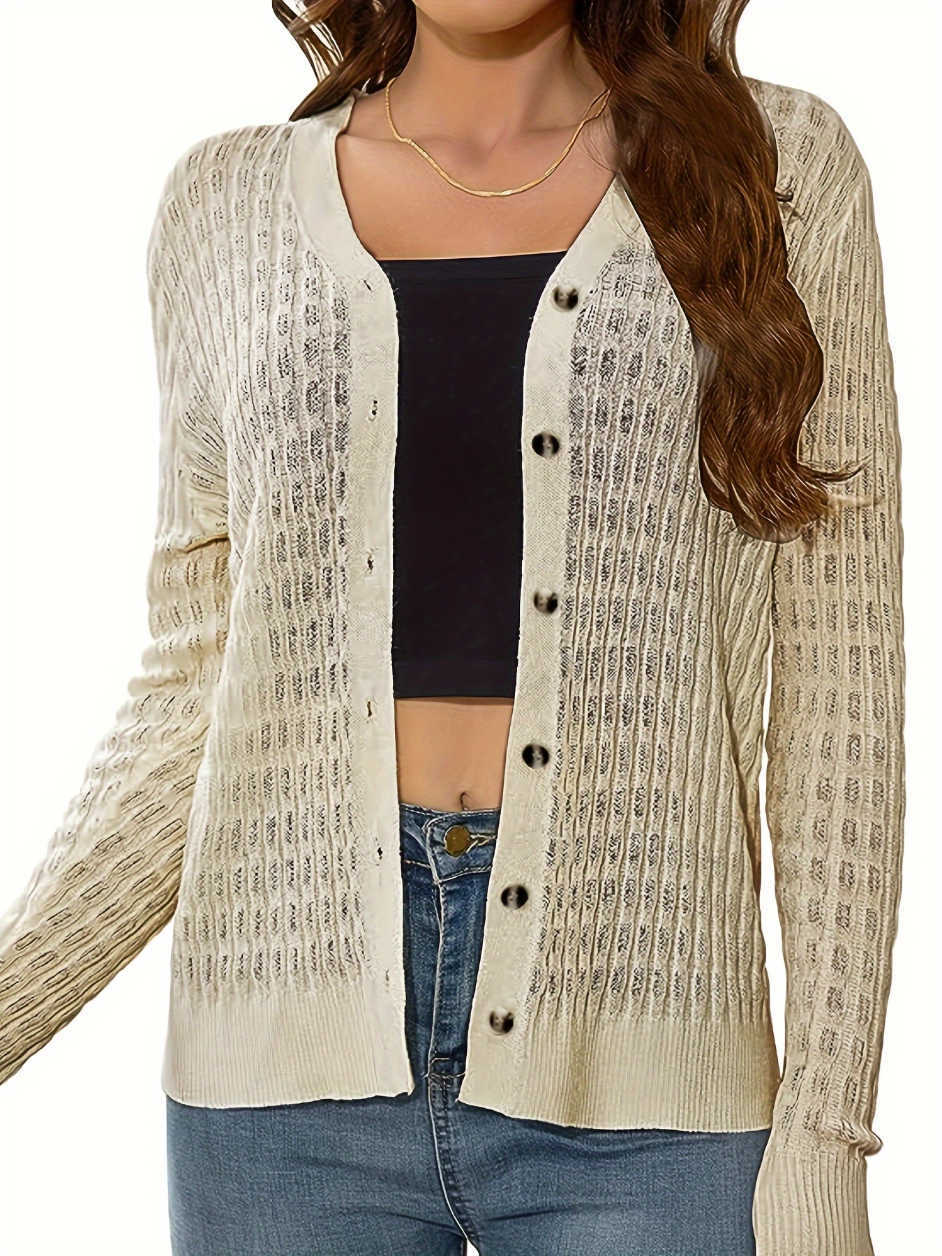 Solid Button Front Cardigan, Casual Cut Out Long Sleeve Cardigan, Women's  Clothing