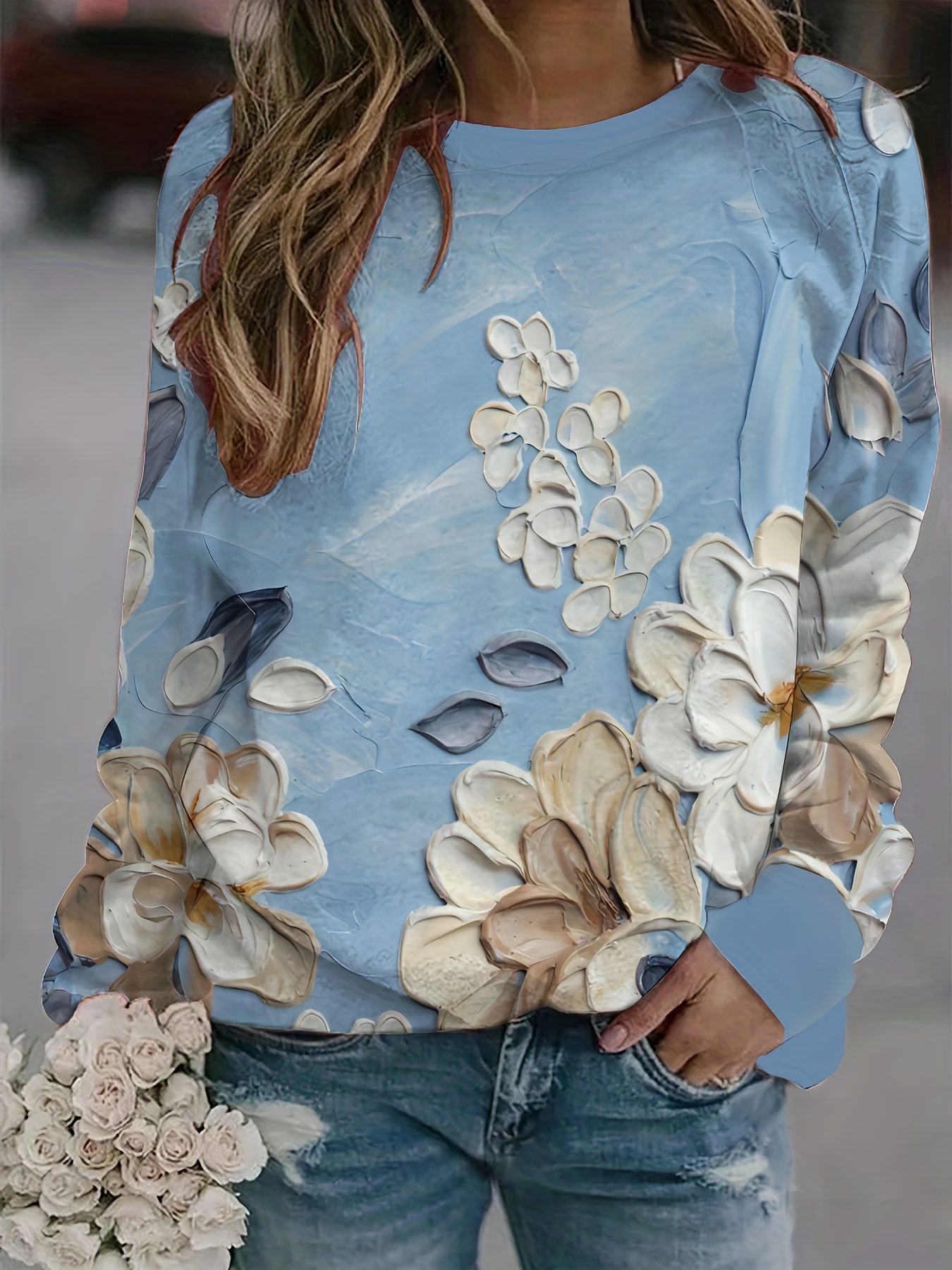 Flower Painting Print Sweatshirt, Casual Long Sleeve Crew Neck Sweatshirt  For Spring & Fall, Women's Clothing - Temu