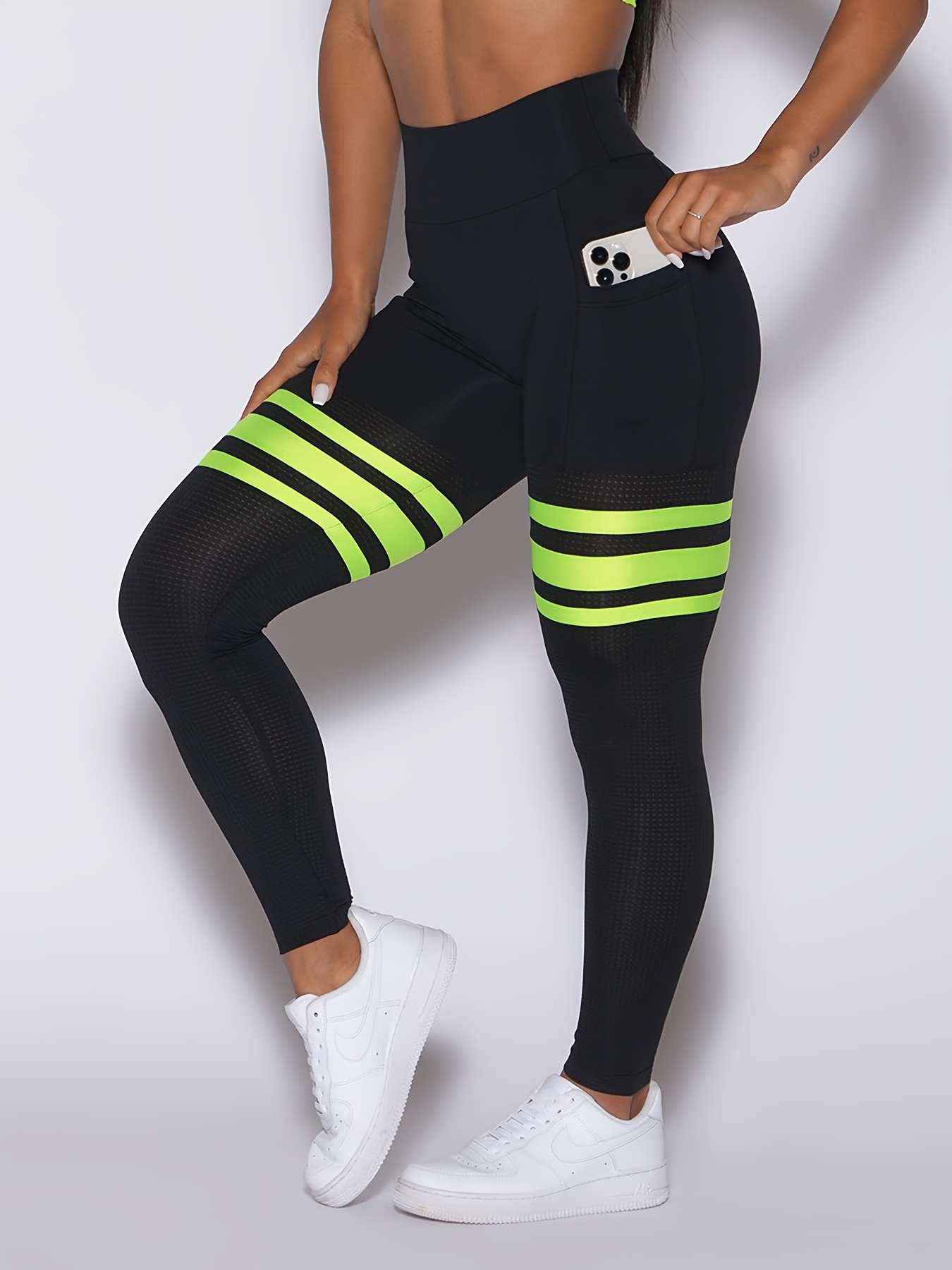 Plus Size Sports Leggings Mujeres Plus Bloque Color Verde - Temu