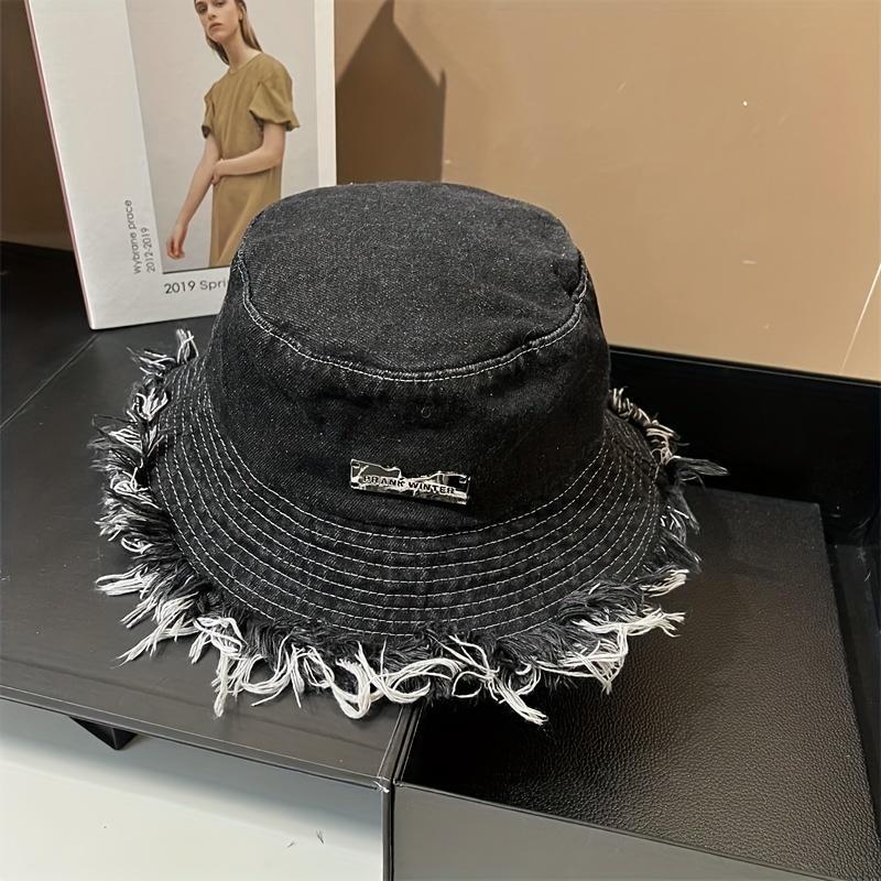 Ripped Washed Bucket Hat Unisex Tassel Denim Basin Hat Iron Label Decor
