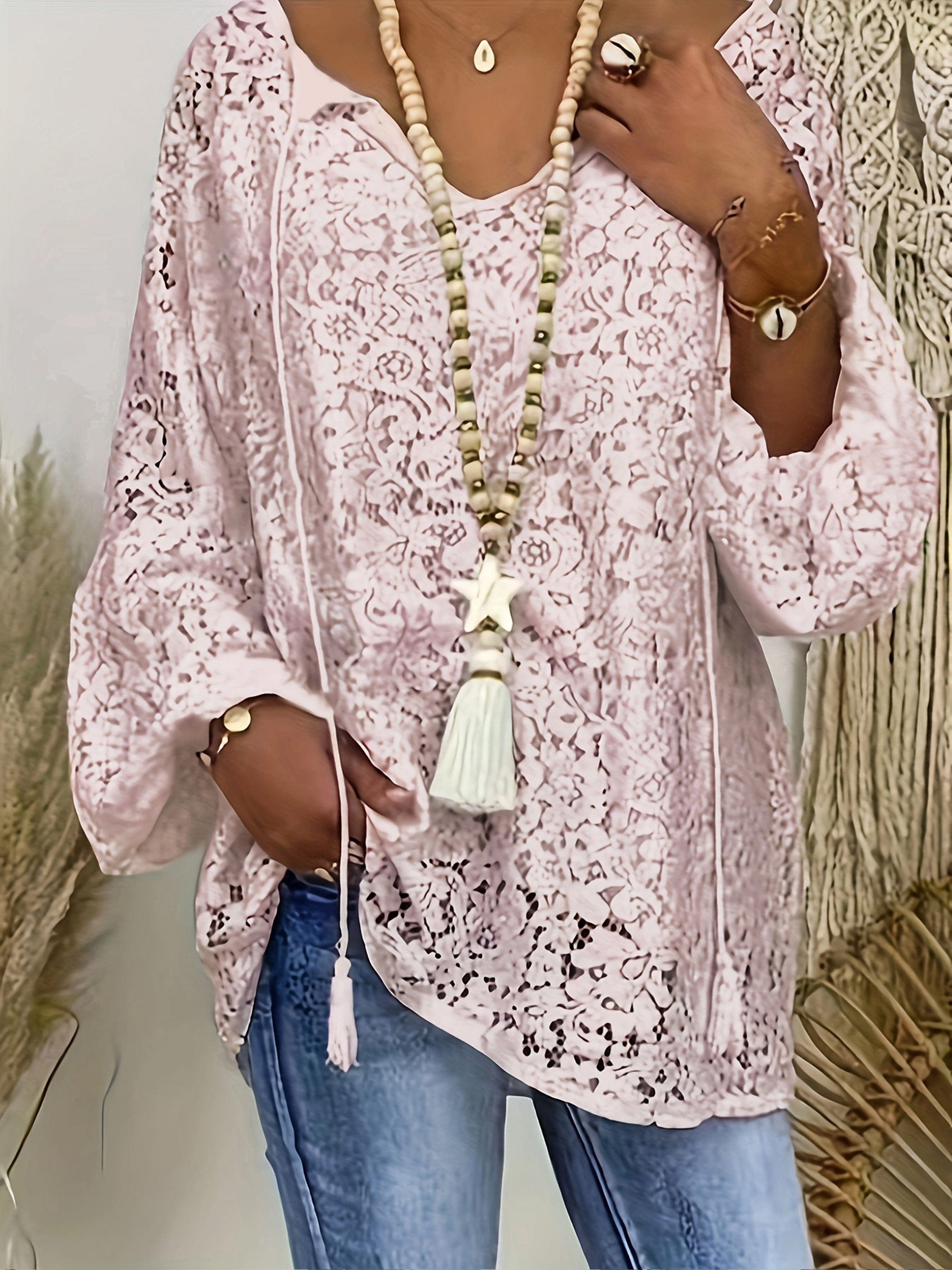 Woman Plus Size Tops Casual 3/4 Sleeve Shirts Lace Patchwork V