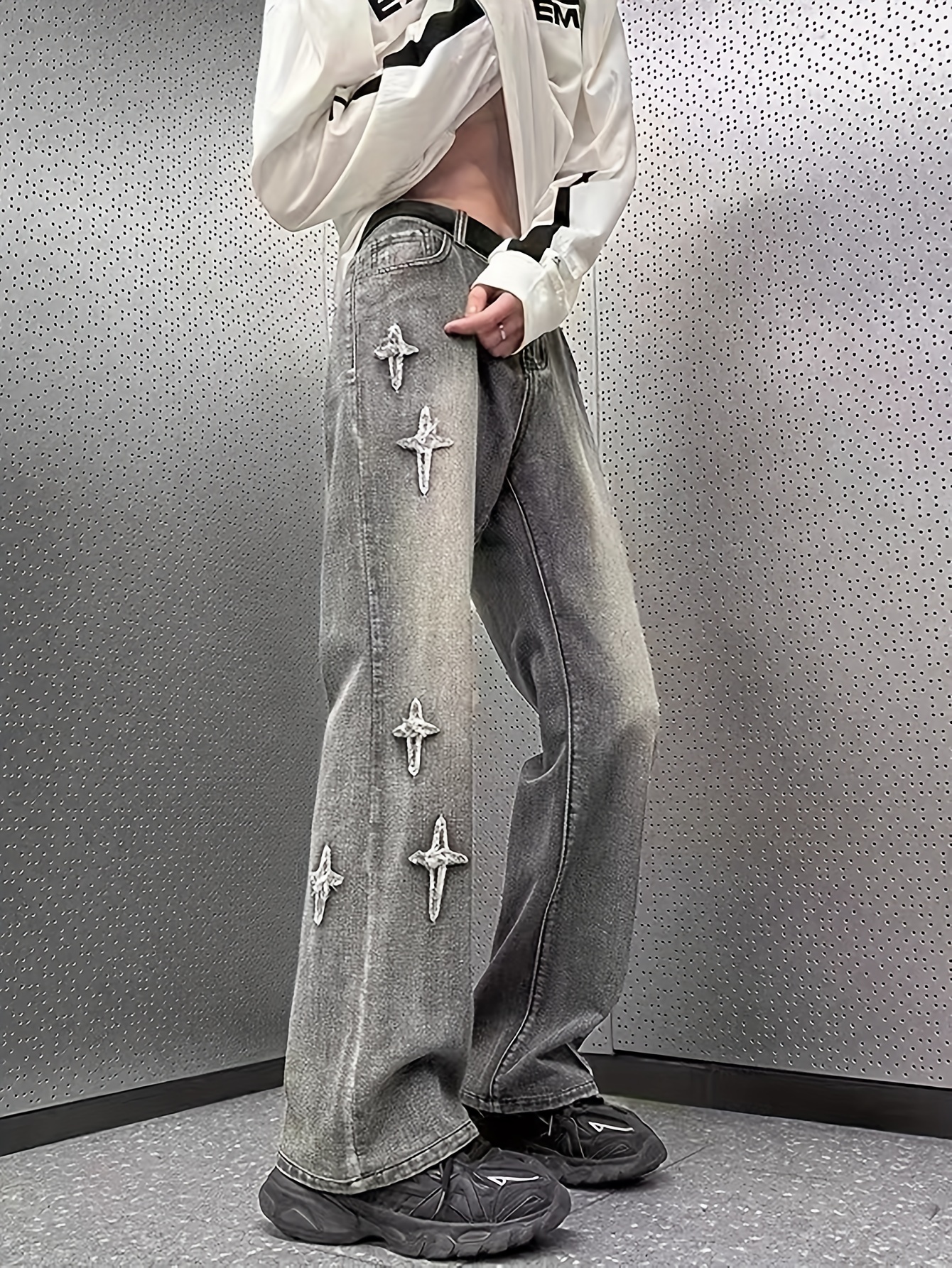 Y2k Star Embroidery Jeans, Men's Casual Street Style Denim Pants For New  Generation