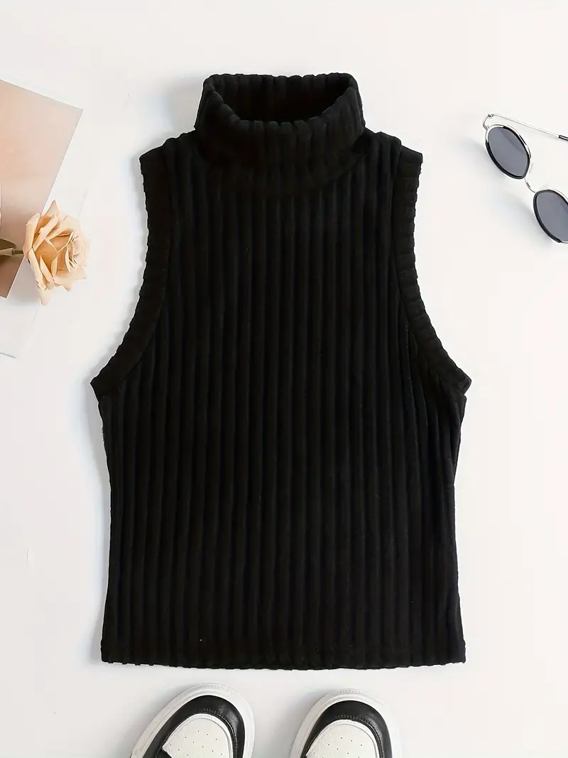 Rib Knit High Neck Sweater Knitted Top Sleeveless Casual - Temu