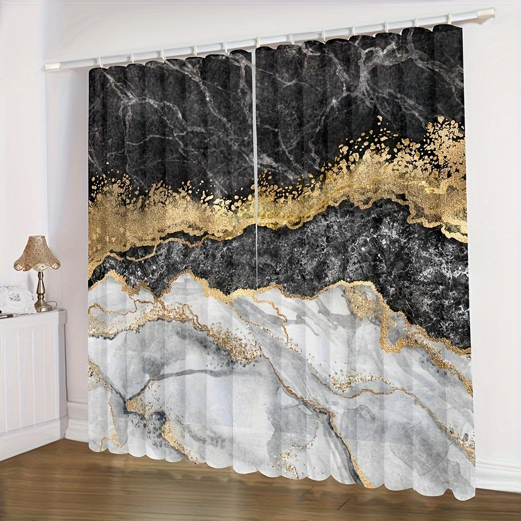 2 Panels Marble Window Curtain Black Grey Marble Drapes - Temu