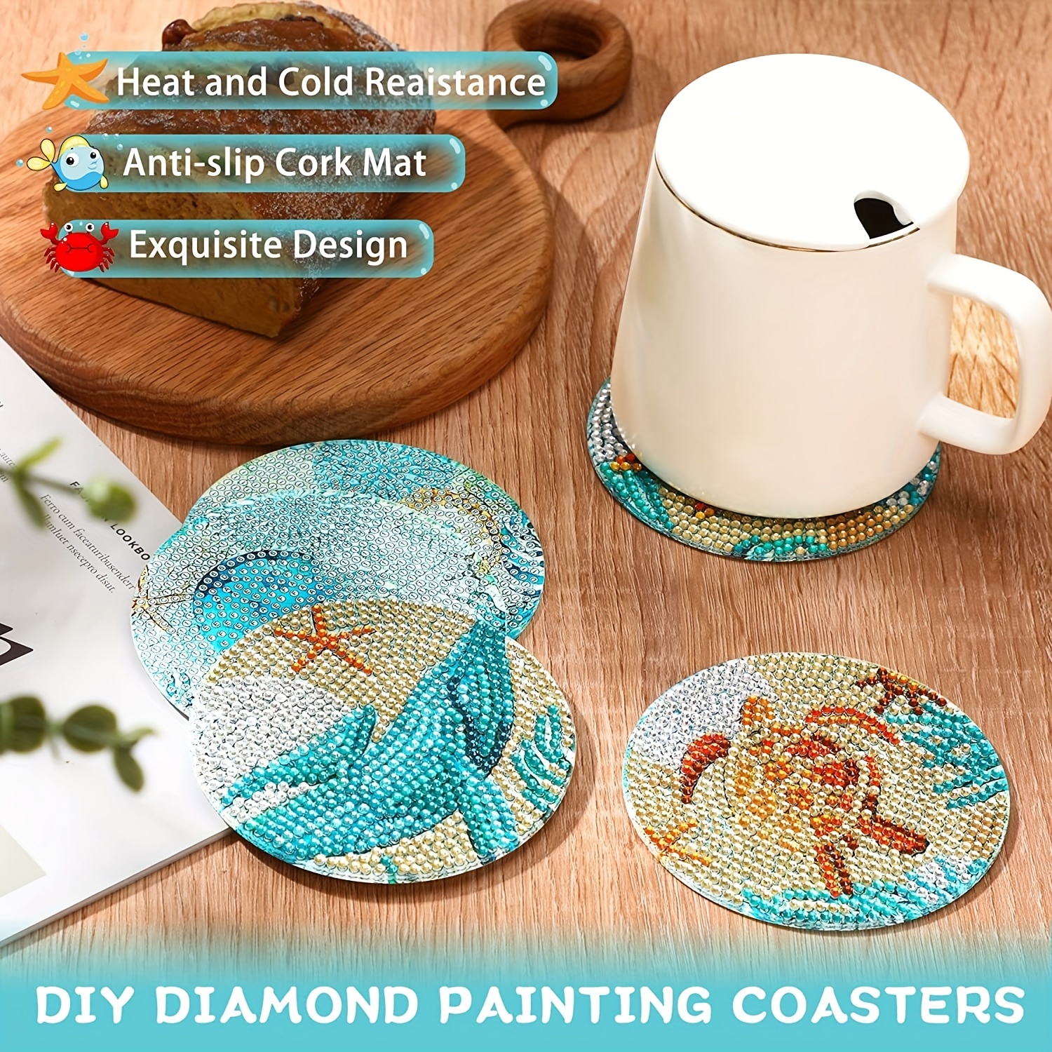 Diamond Painting Coasters, 8pcs Ocean Diamond Painting Coasters with Holder for Drinks DIY Coaster Diamond Art Kits for Adults Kids Beginners