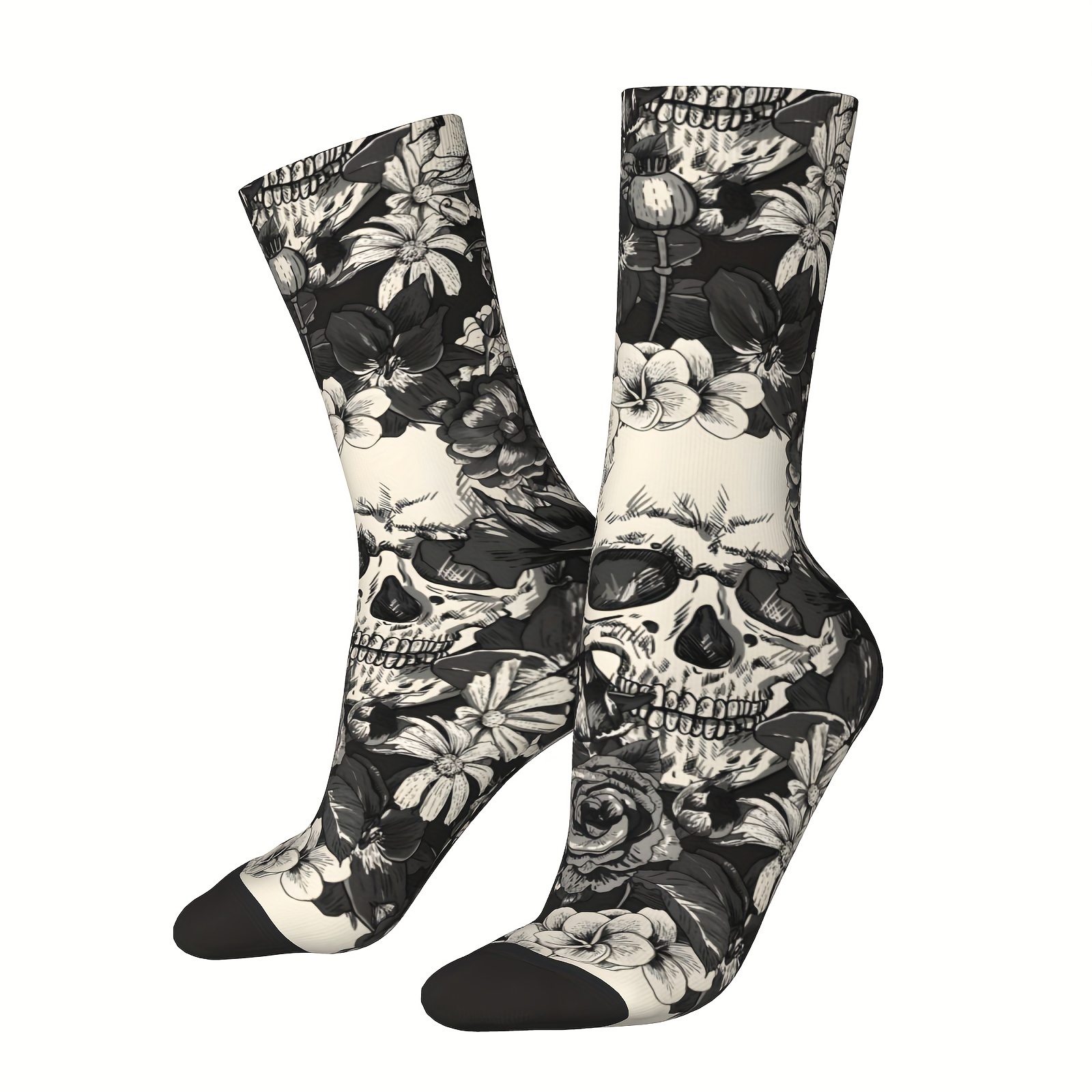 

A Pair Of Men's Skull Pattern Trendy Crew Socks, Comfy Breathable Casual Thermal Novelty Socks, Winter