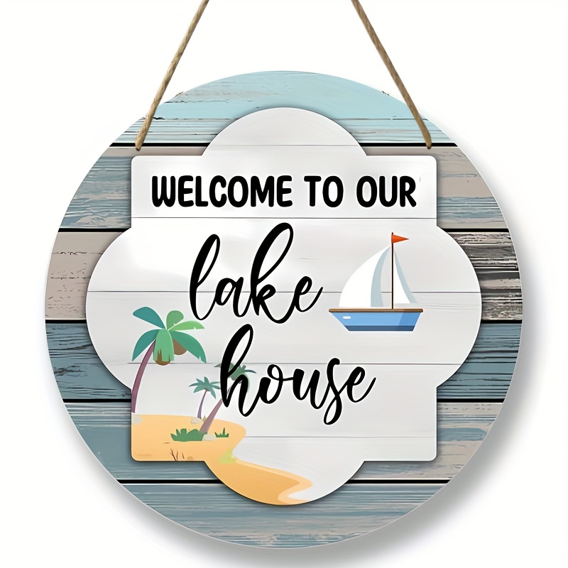 1個、welcome To Our Lake Houseドアハンガー - かわいいラウンドドア