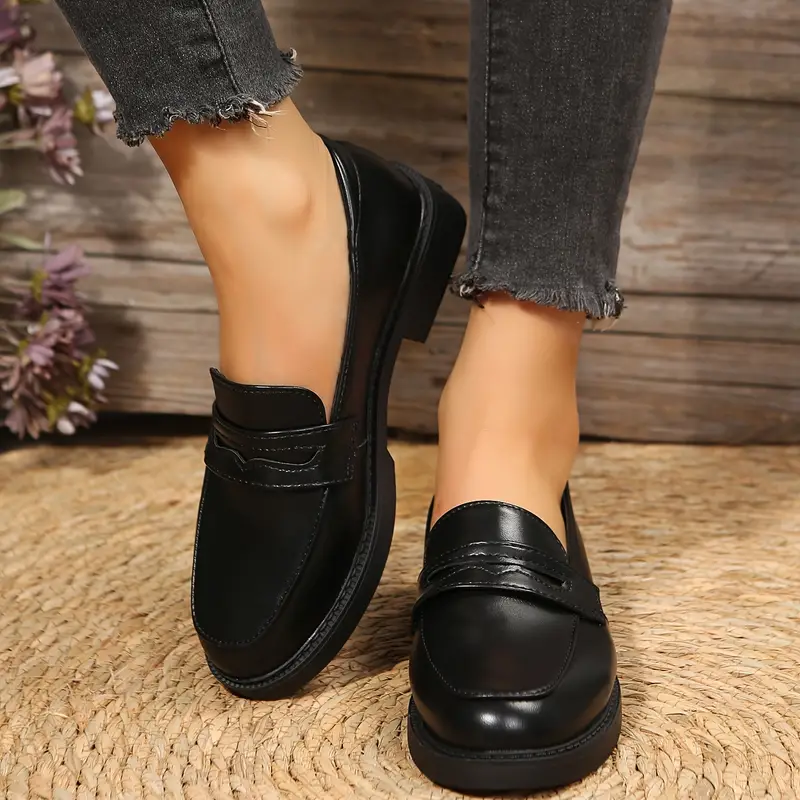 Mocasines De Tacón En Bloque Para Mujer, Zapatos Antideslizantes Negros Con  Punta Redonda, Zapatos Casuales Para Caminar