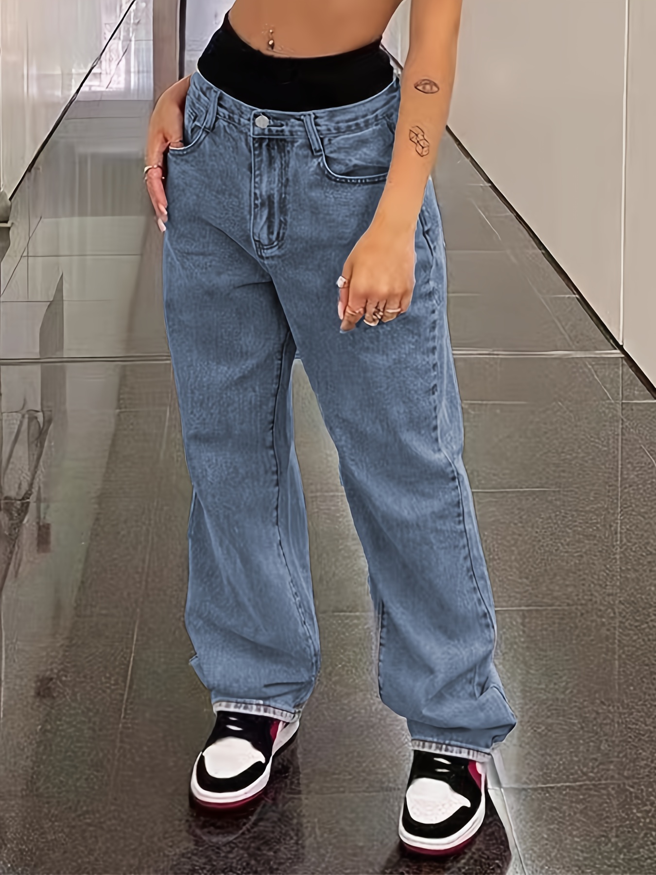 Blue Waist Capris Straight Jeans Loose Fit Slant Pockets - Temu
