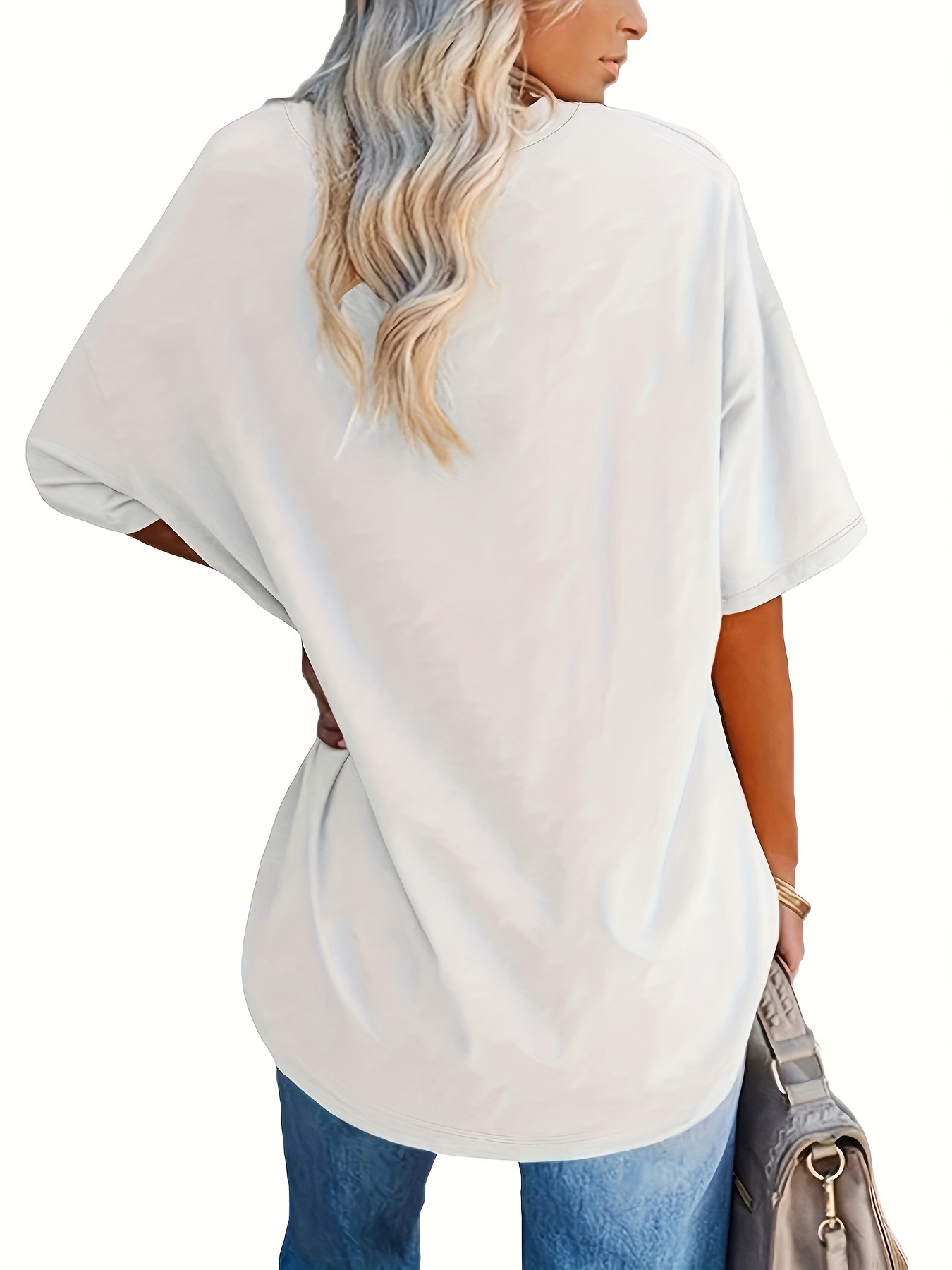 Plus Size - Women'S Plus Size V-Neck Casual T-Shirt - Short Sleeve, White with Black Letter Print, Lightweight Summer Tee for Casual Attire, Ladies T Shirts