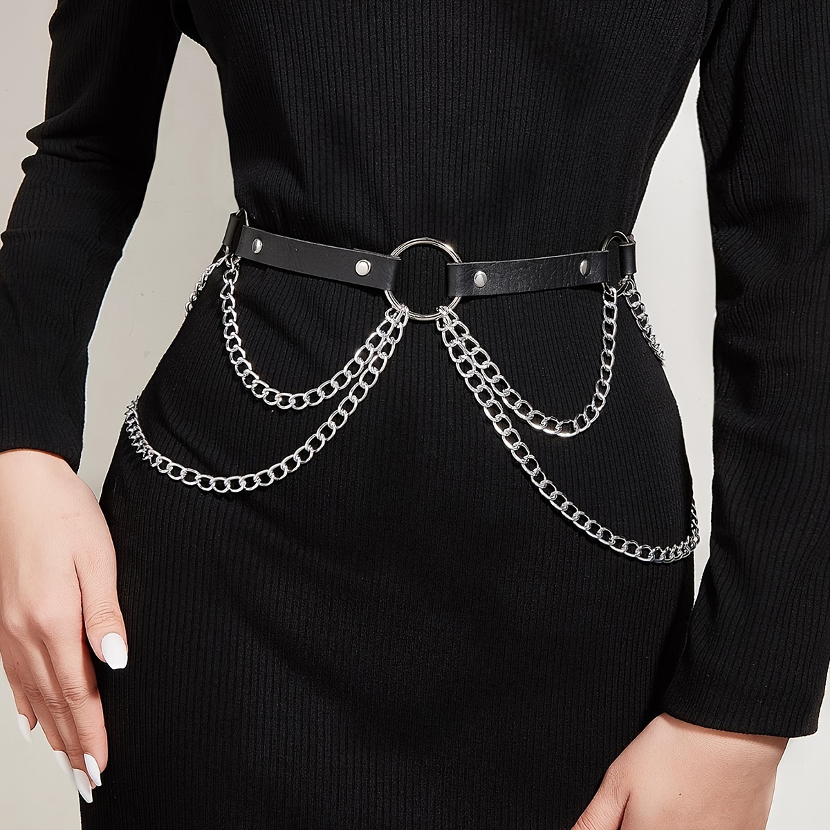 Chain Fringe Goth Belt Black Pu Leather Waistband Rivet - Temu