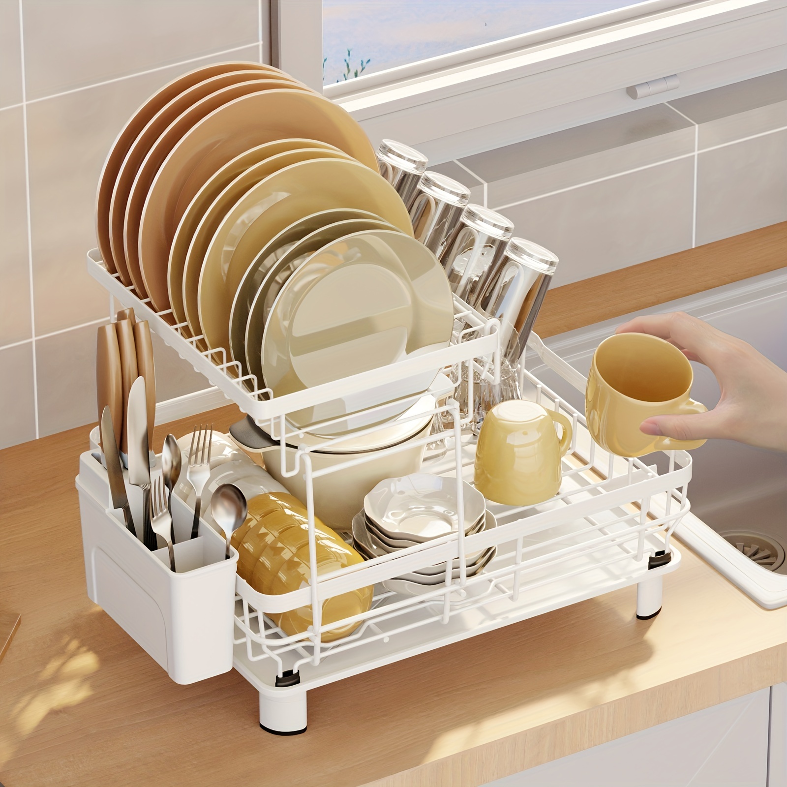  Dish Drying Rack for Kitchen Counter - 2 Tier Large Dish Rack  with Drainboard, Rustproof Dish Drainer with Utensil Holder for Sink, White