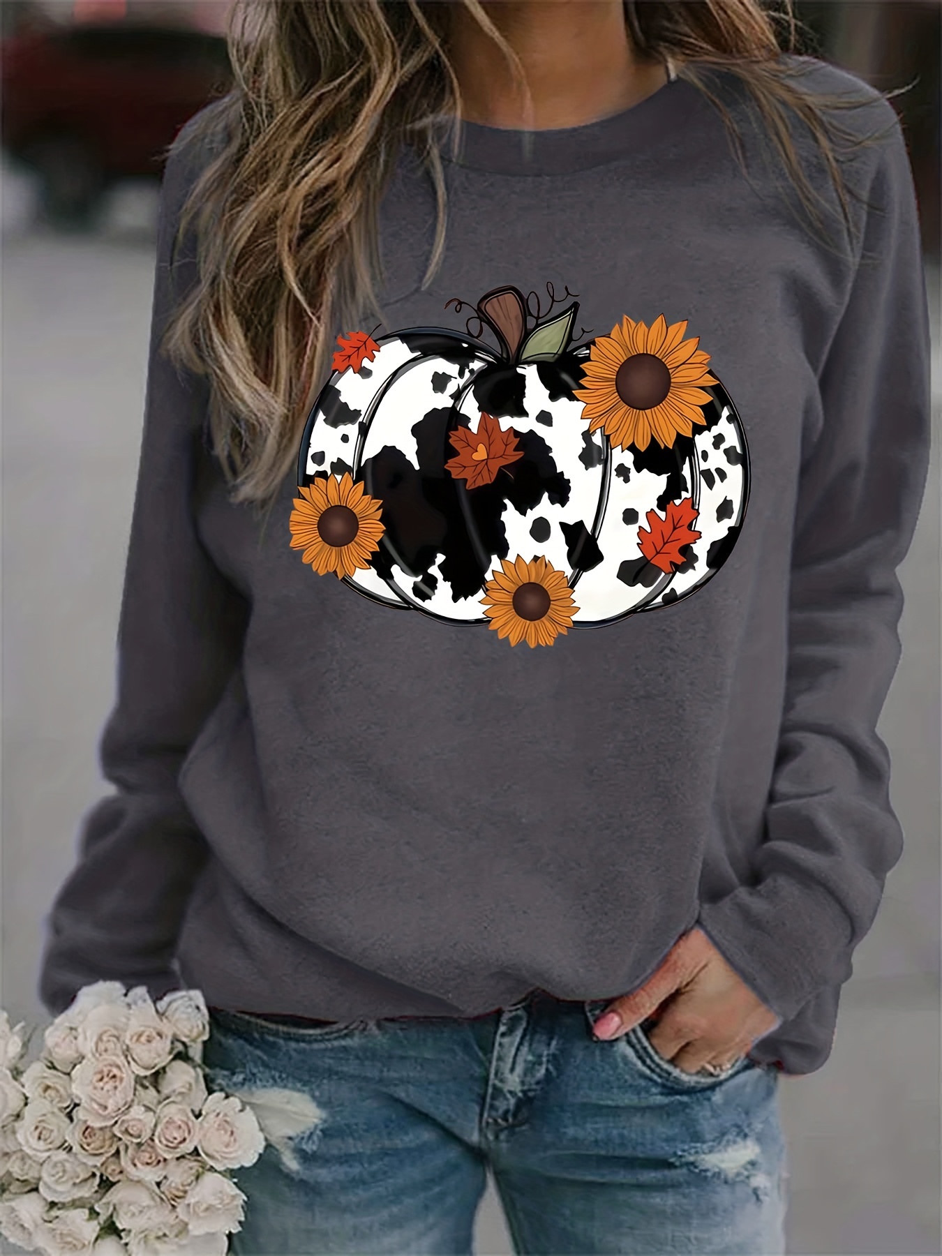 Pumpkin Season Print Sweatshirt Casual Long Sleeve Crew Neck - New