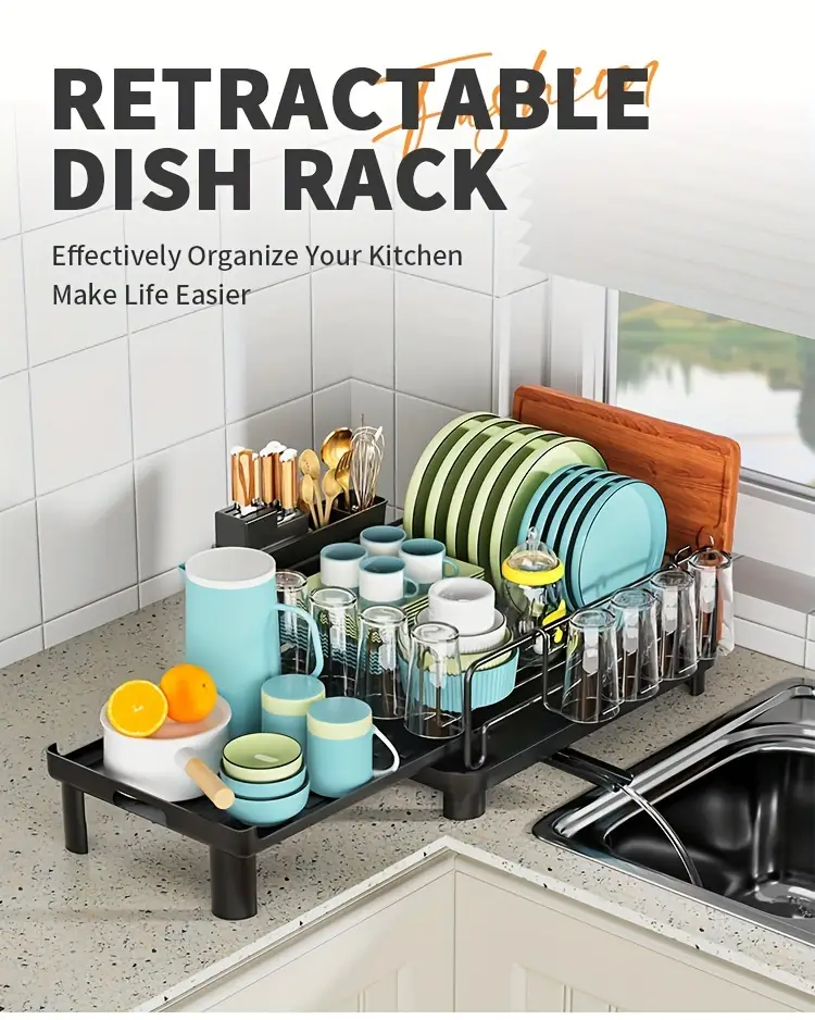 1pc multifunctional retractable dish draining rack anti rust kitchen organizer with cutlery cup holders space saving countertop drying mat for sturdy construction dish drying rack Product details 0