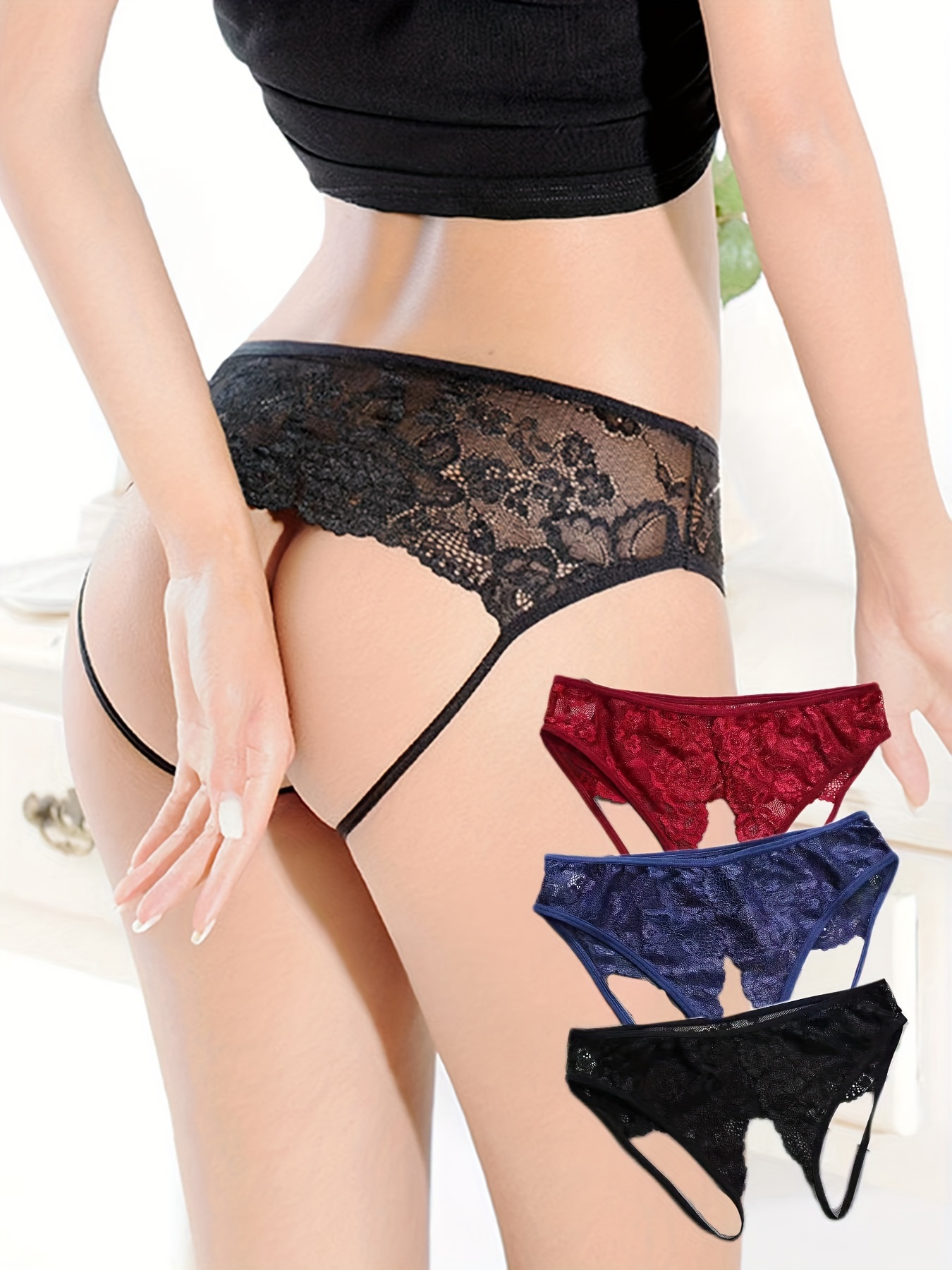 Floral Lace Thongs Scallop Trim Open Crotch Panties Women's - Temu
