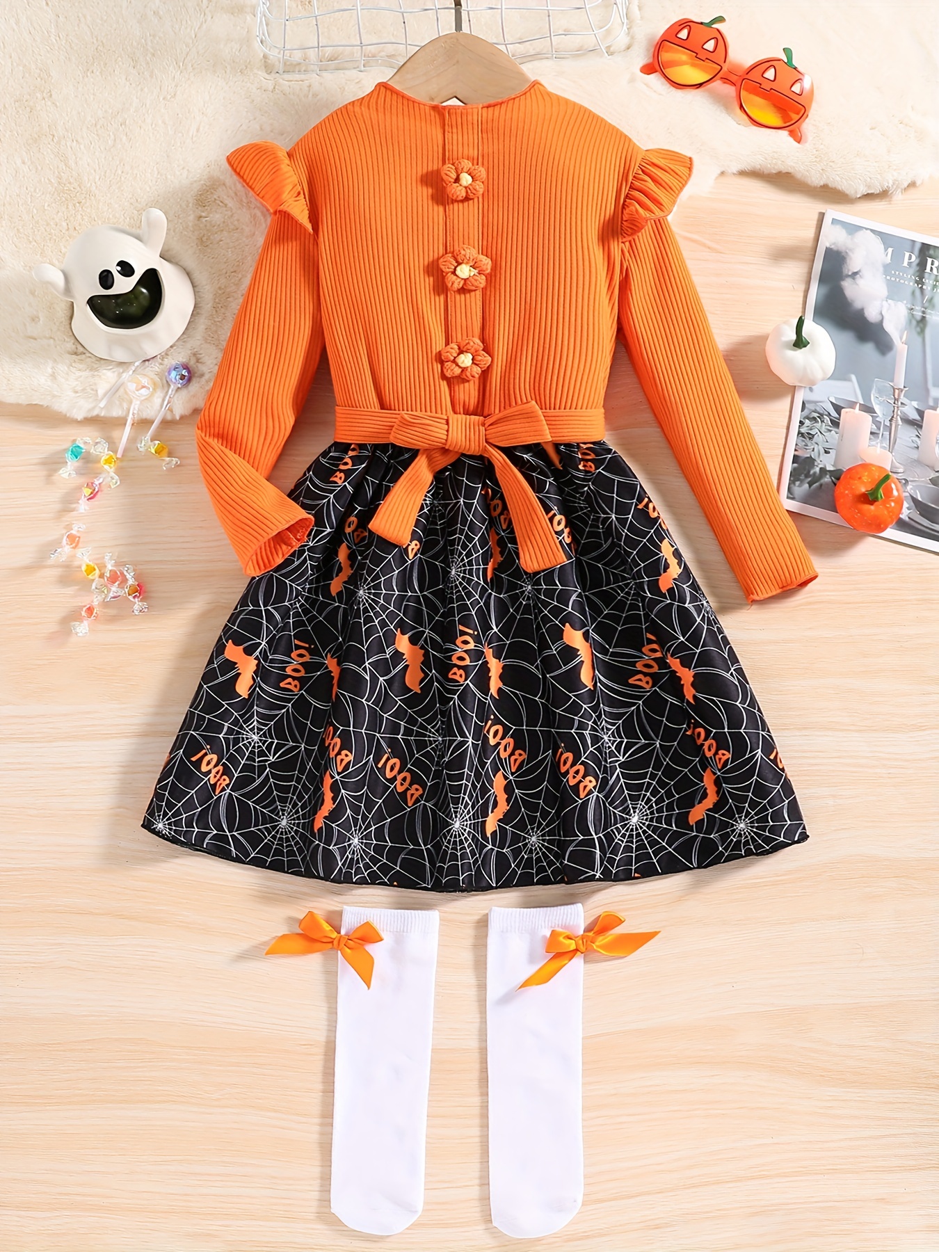 Little Girls' Halloween Dress Long Sleeve Stretchy Ribbed Knit Cartoon  Pumpkin Print Halloween Costume Princess Dress Outfit