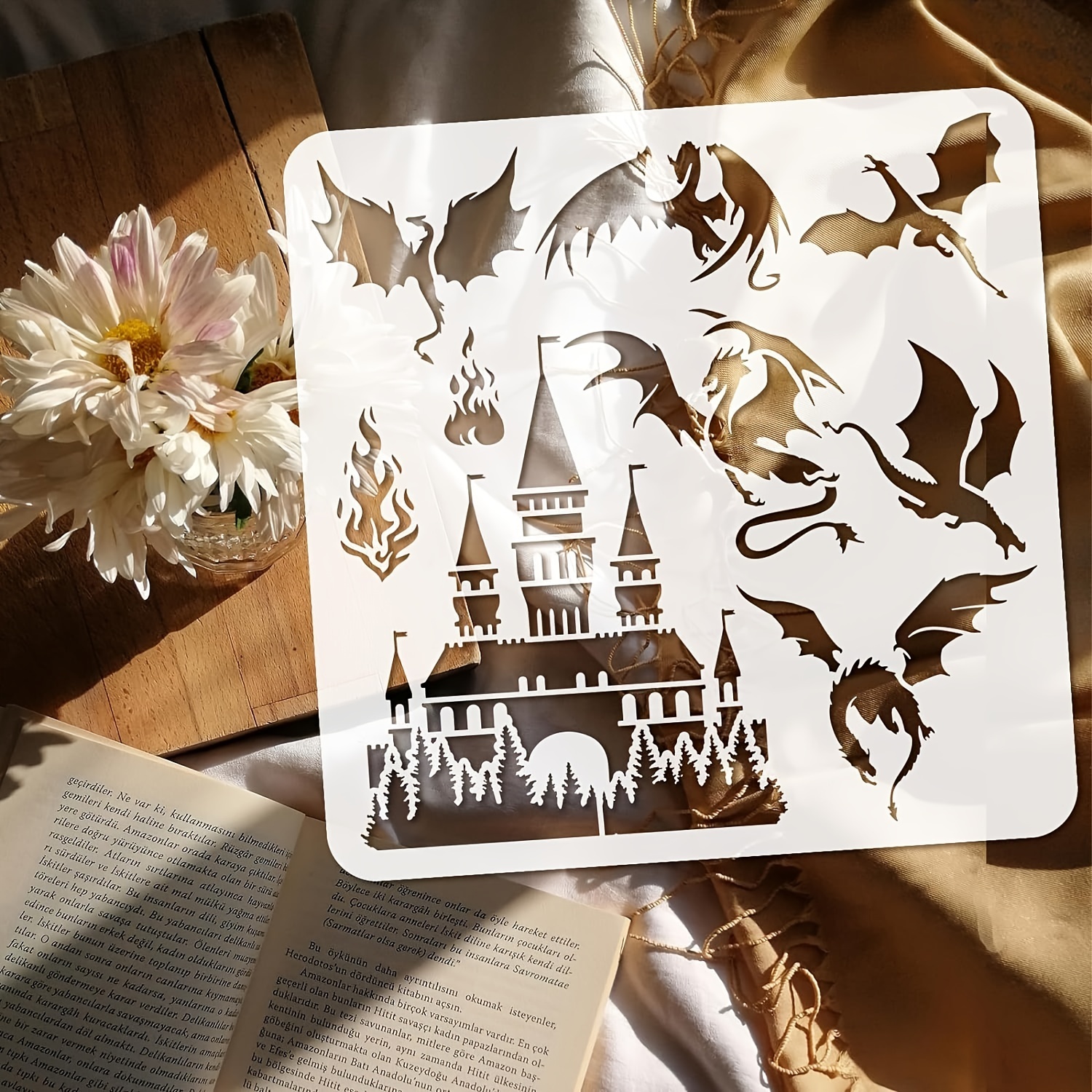 

1pc Dragons Stencil 11.8x11.8 Inch Castle Painting Stencil Plastic Western Dragon Fire Castle Patterns Stencil Template Reusable Diy Art And Craft Pterosaur Stencil For Home Wall Decor