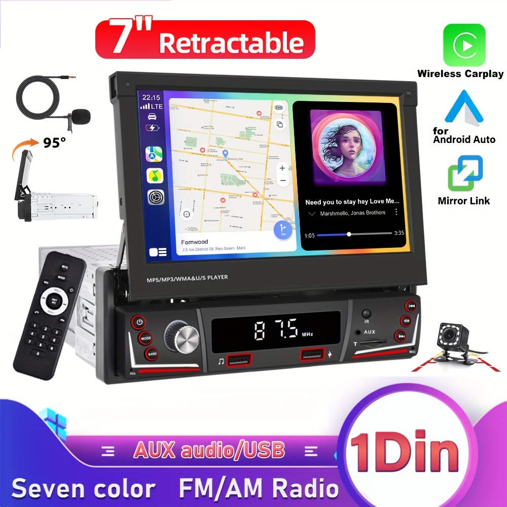 7 Hd Retractable Car Stereo: 1din Carplay Android Auto - Temu