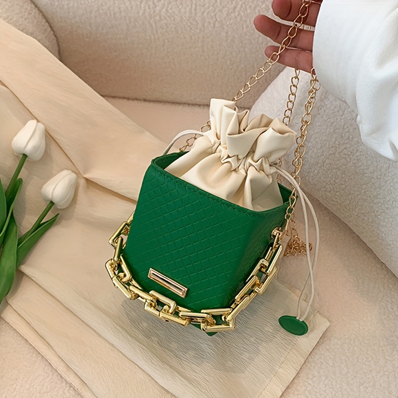 Argyle Embossed Mini Handbag Chain Strap Drawstring Shoulder Bag