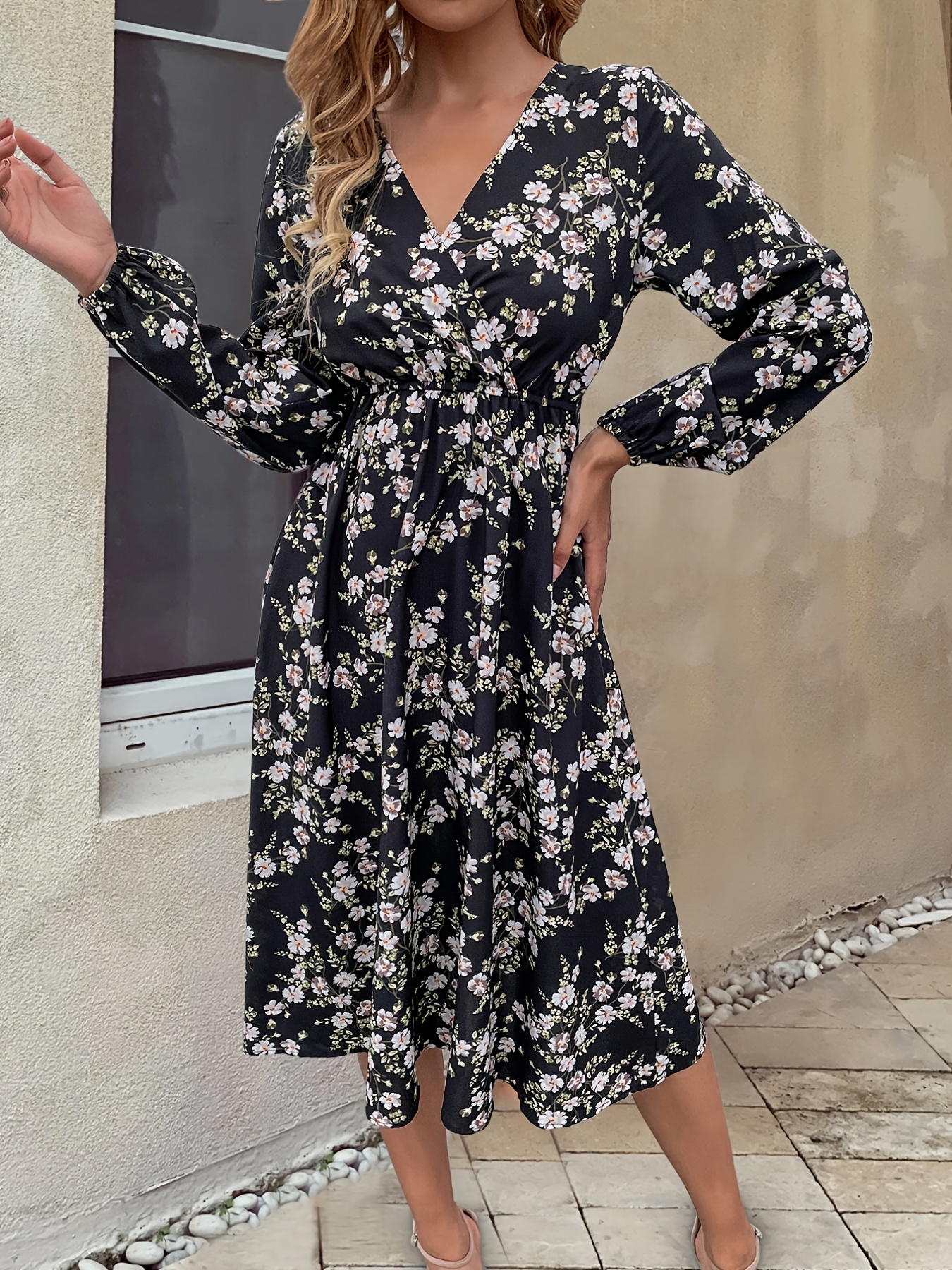 Ditsy Floral Print Dress, Elegant V Neck High Waist Loose Long