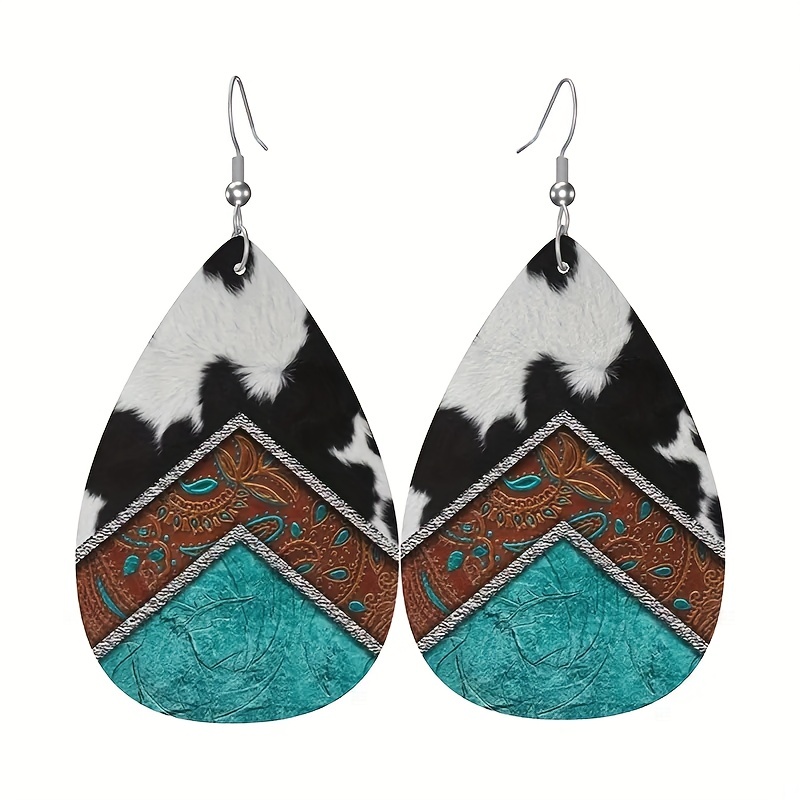 Bohemian Pattern Leather Earrings Teardrop Dangle Earrings
