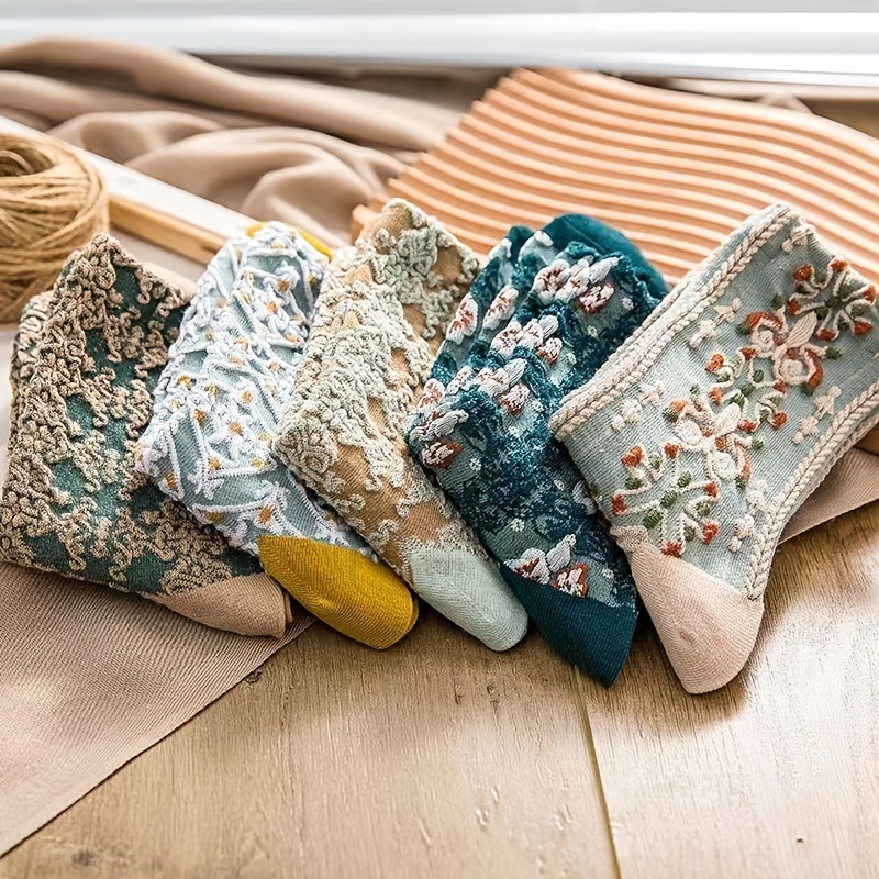 4pairs Floral Socks Set, Women Cute Flower Geometric 3D Textured Ankle  Cotton Blend Cottagecore Lucky Socks 