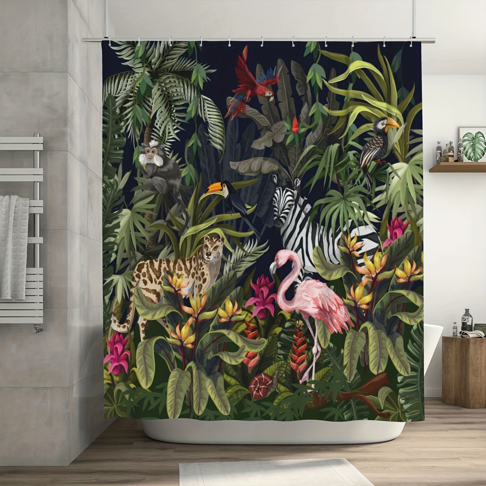 1PC Rainforest Animal Shower Curtain, Tropical Jungle, Leopard Flamingo  Zebra Parrot Monkey, Palm Leaf Green Plant, Bathroom Decor, Fabric Curtains  Wi