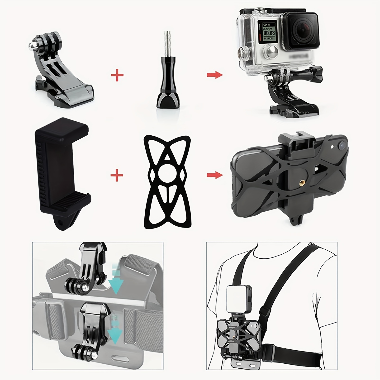 Harnais de poitrine pour téléphone portable - Kit de support pour vidéo  POV/VLOG, compatible avec iPhone, Samsung, GoPro Hero 9, 8, 7, 6, 5, Osmo  Action, AKASO, caméra d'action et accessoires de