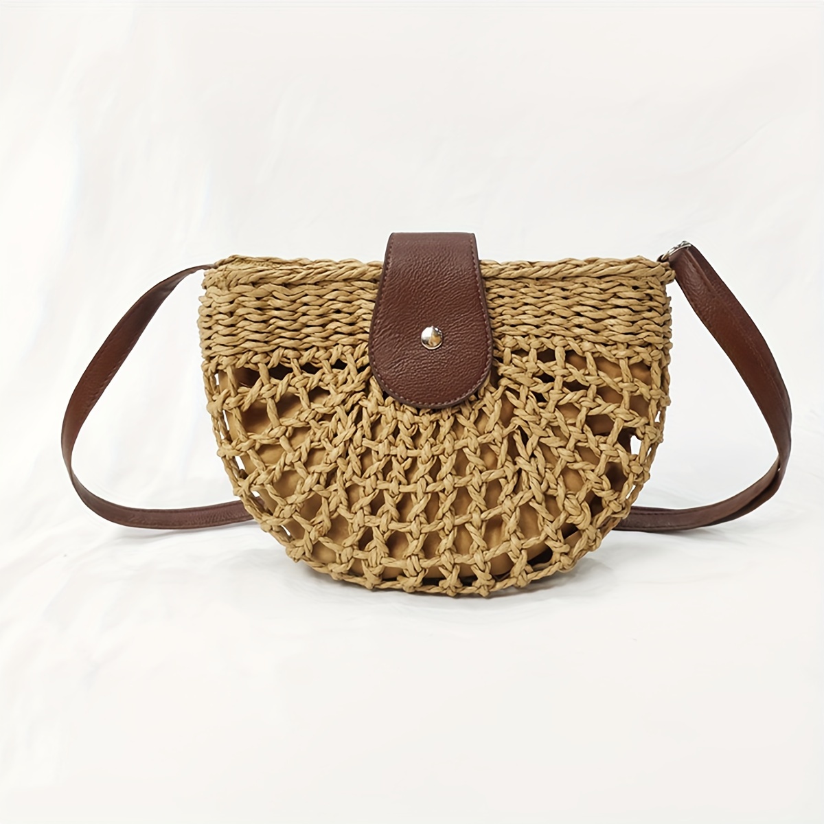 

Hollow Out Woven Saddle Bag, Half Round Crossbody Bag, Boho Style Mini Handbag For Travel Vacation Beach
