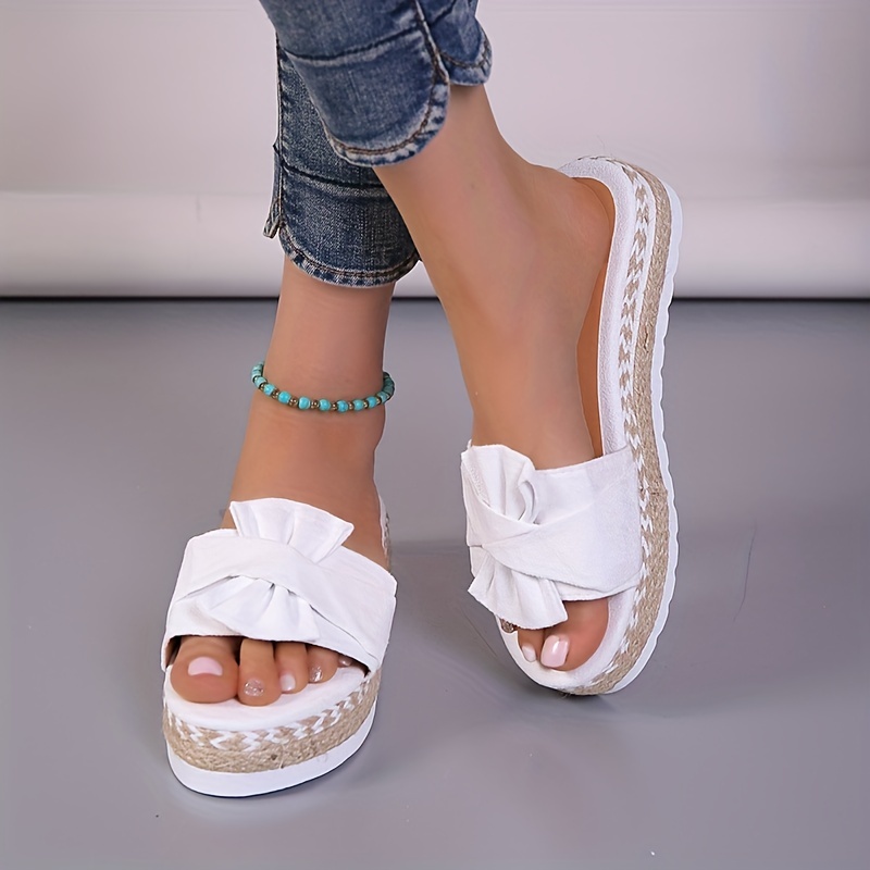 womens platform espadrilles slippers bow open toe solid color anti skid slippers casual beach slides details 9