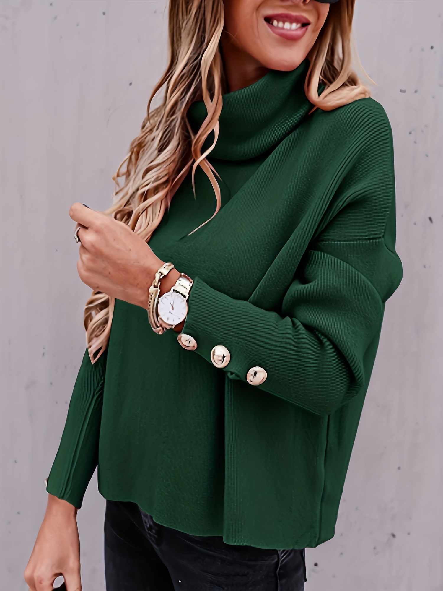 Green Sweater - Turtleneck Neck Cuff Sleeves Sweater - Emerald