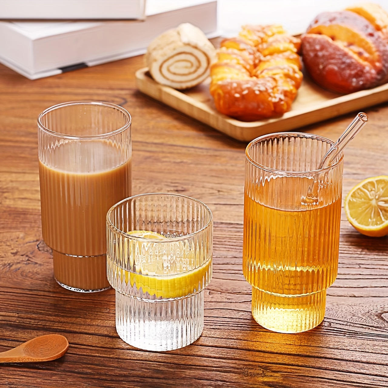 4 Pack Glasses Cute Ripple Retro Water Glass Glass Cups With Straw Ribbed  Glassware Kitchen Coffee Juice Set - AliExpress