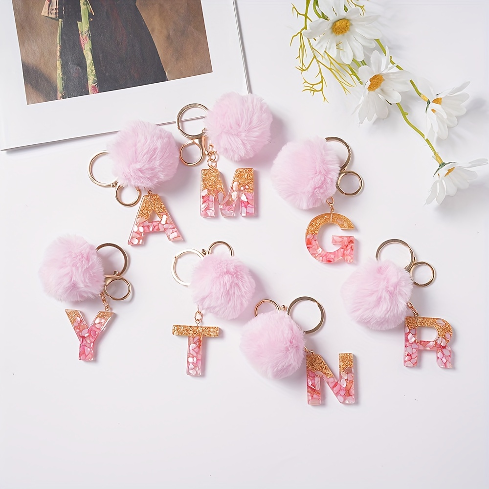 A z Alphabet Initial Letter Pom Pom Keychain Cute Resin Key - Temu