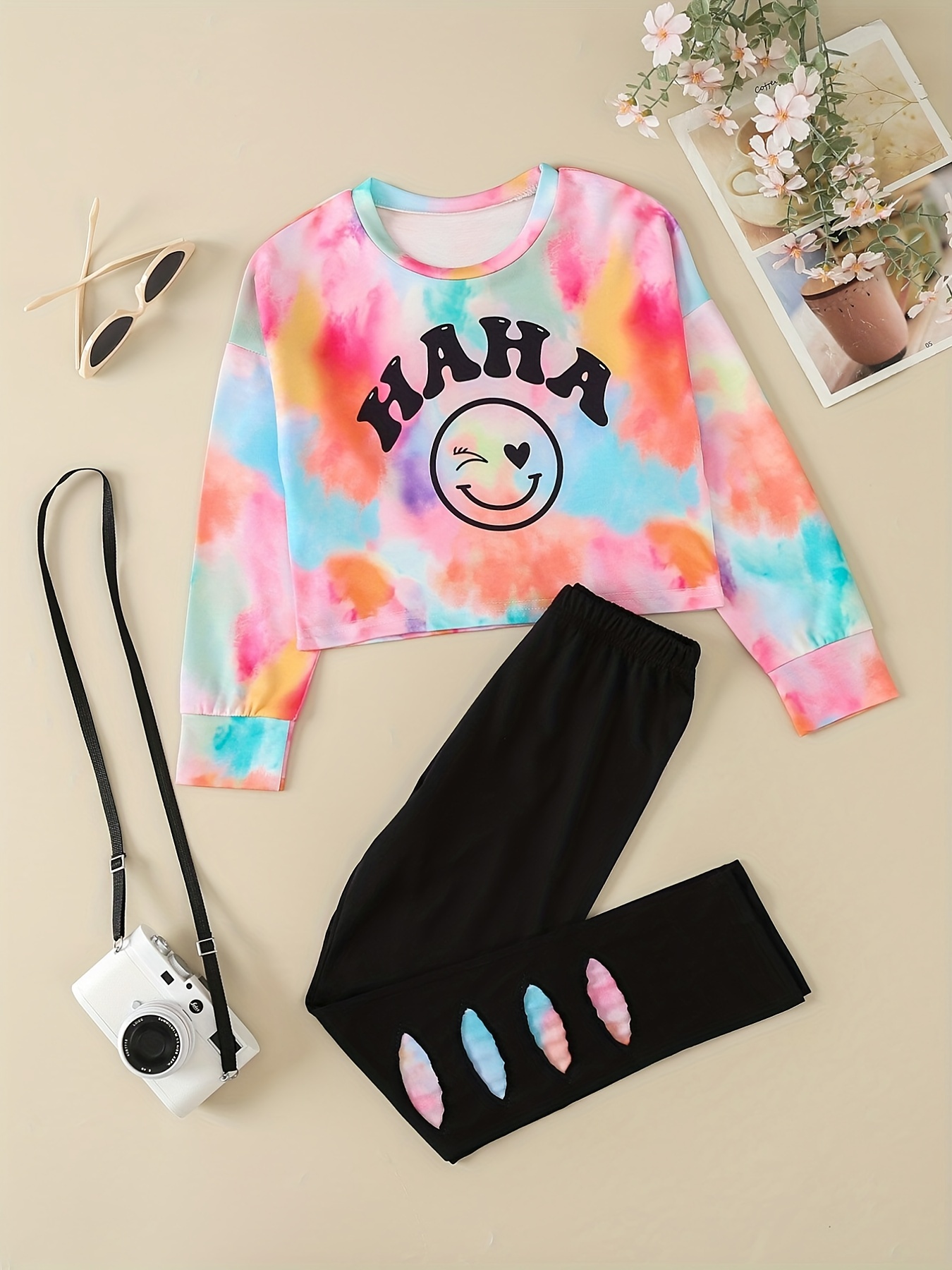 Girls' Outfit Smile Tie Dye Long Sleeve T shirt Casual Pants - Temu