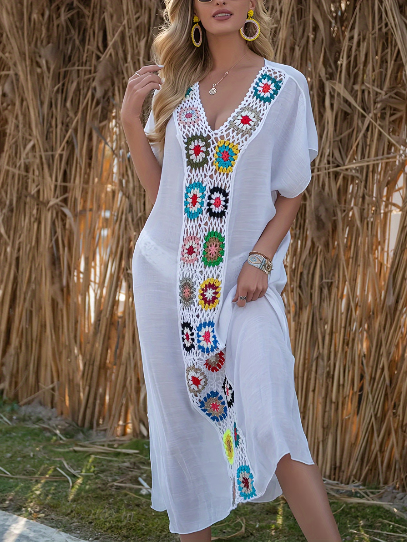 Hollow Crochet Boho Style Beach Cover Dress Short Sleeve - Temu