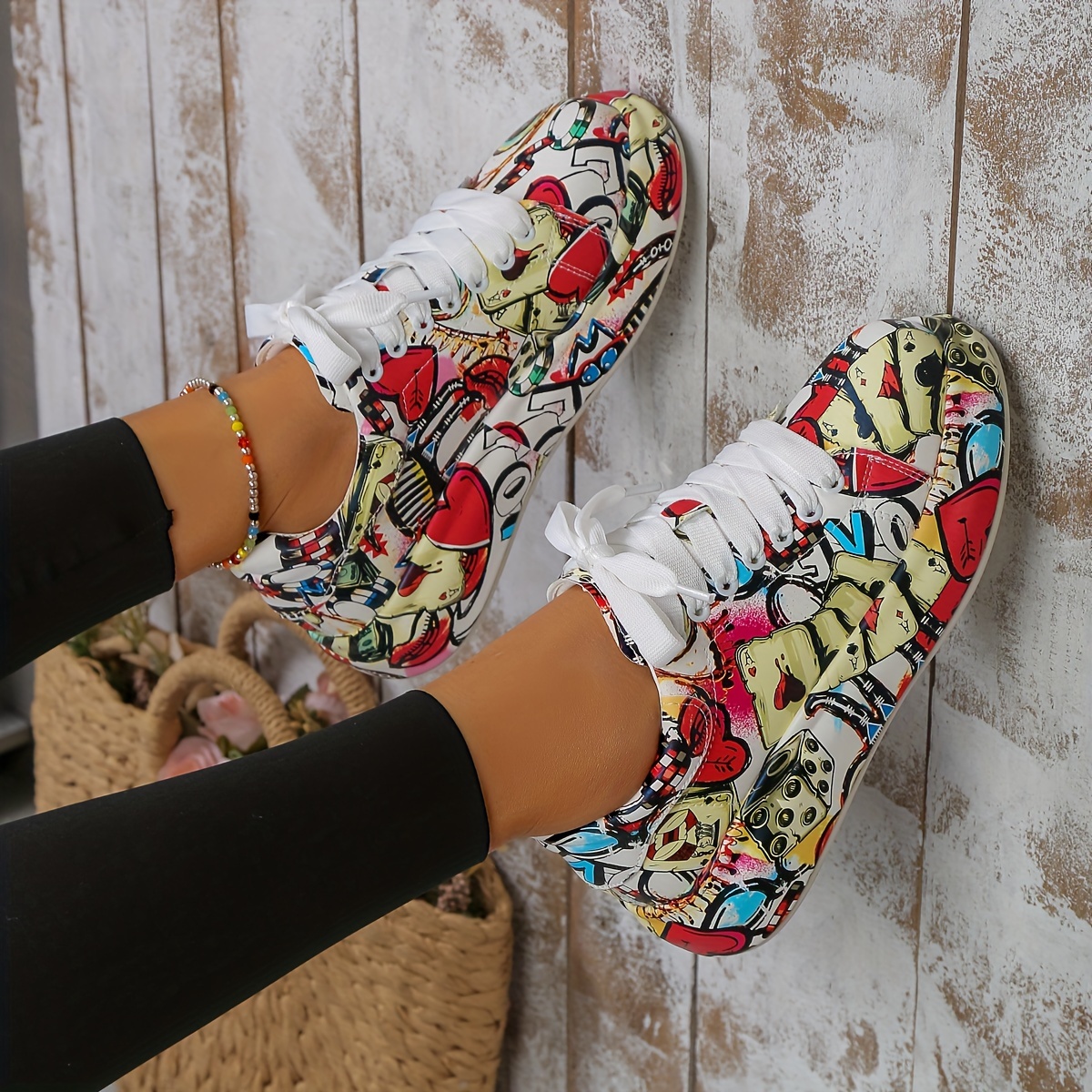 Cartoon Graphic Sneakers, Women's Cute Round Toe Lightweight Casual Shoes,Temu