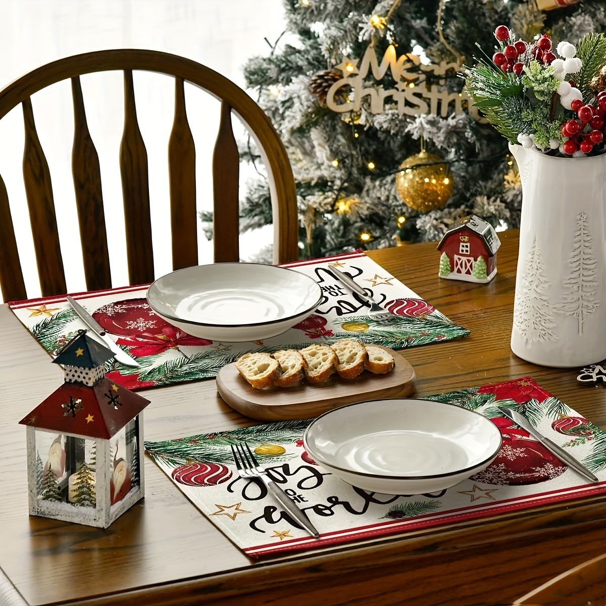 Christmas Theme Linen Placemats Golden Snowflake Flower - Temu