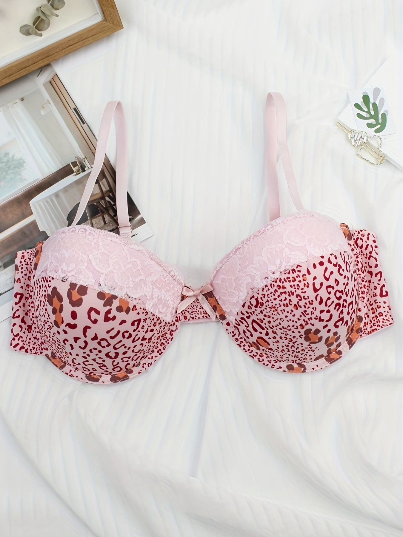 Leopard Print Contrast Lace Bras Breathable Thickened Cup - Temu