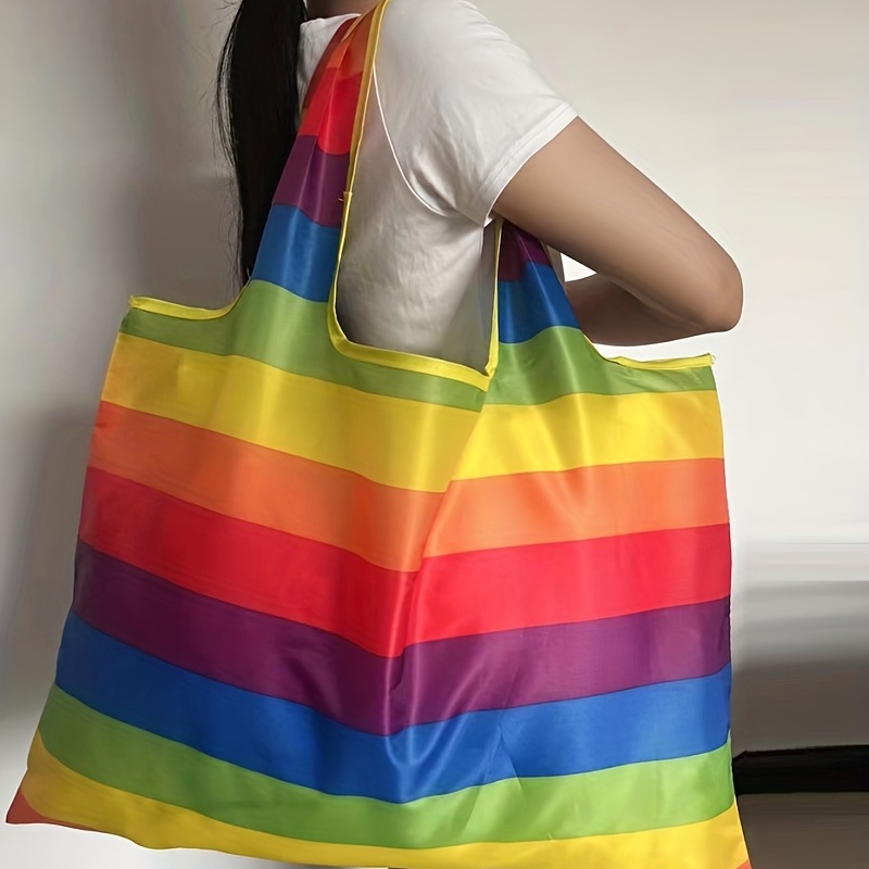 Rainbow Colorblock Shoulder Bag, Foldable Lightweight Storage Bag
