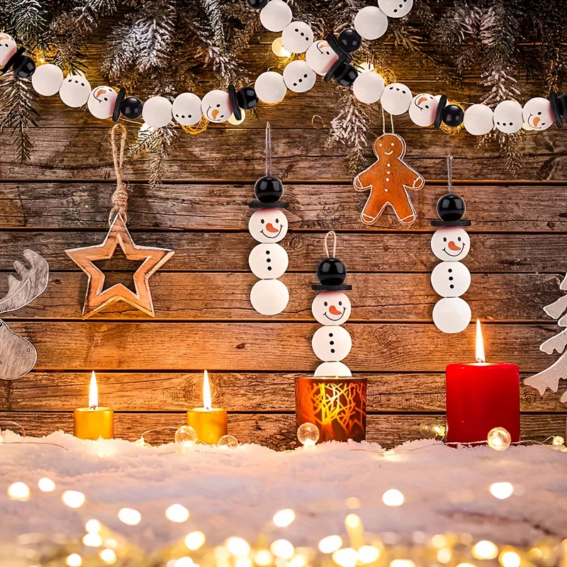 Set of 3 Handmade Wood Bead Snowman Ornaments Christmas Winter