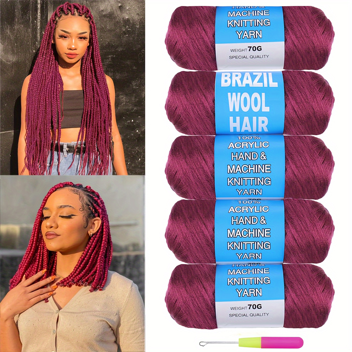 8 inch Natural Brazilian Wool Hair for Braids Acrylic Hand Knitting Yarn for Hair Braiding Jumbo Braiding Senegalese Twist 70G/Roll,Temu