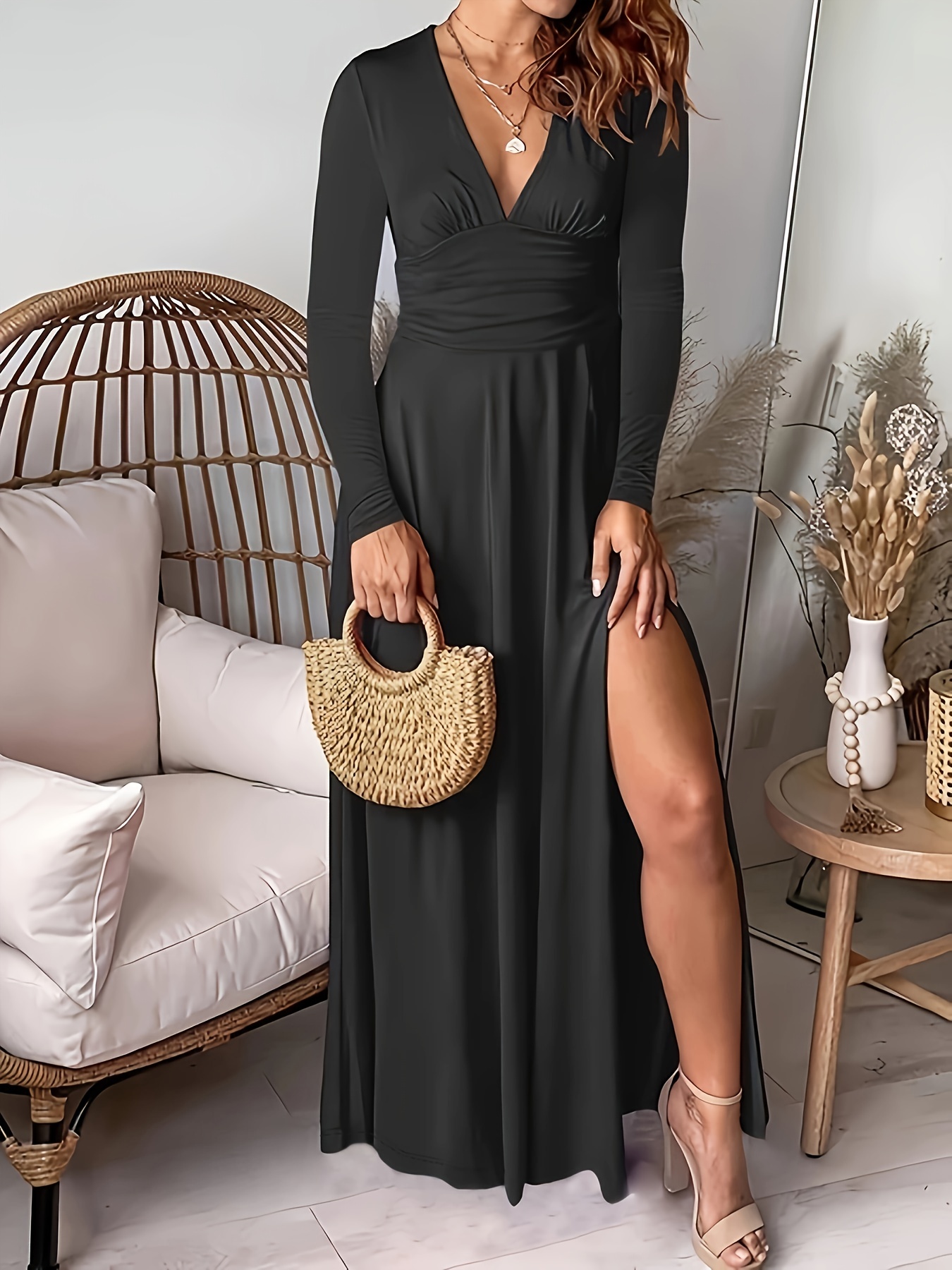 Solid High Neck Split Dress, Elegant Long Sleeve Maxi Dress, Women's  Clothing